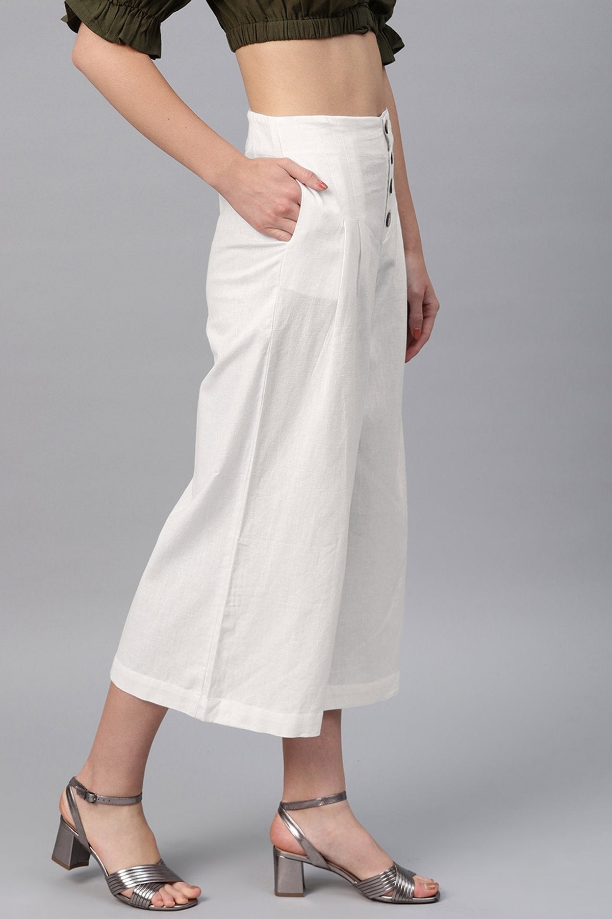 Women's White Front Button Pants - SASSAFRAS