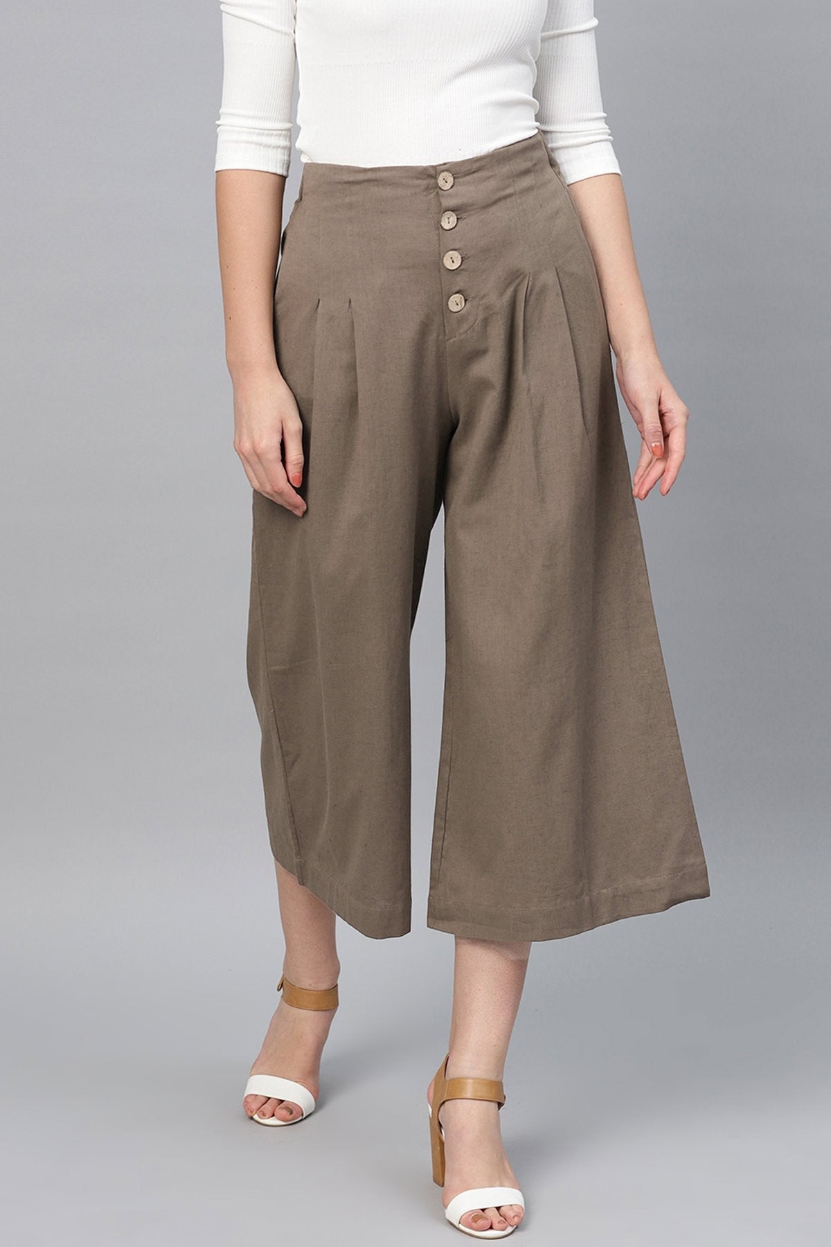 Women's Brown Front Button Pants - SASSAFRAS