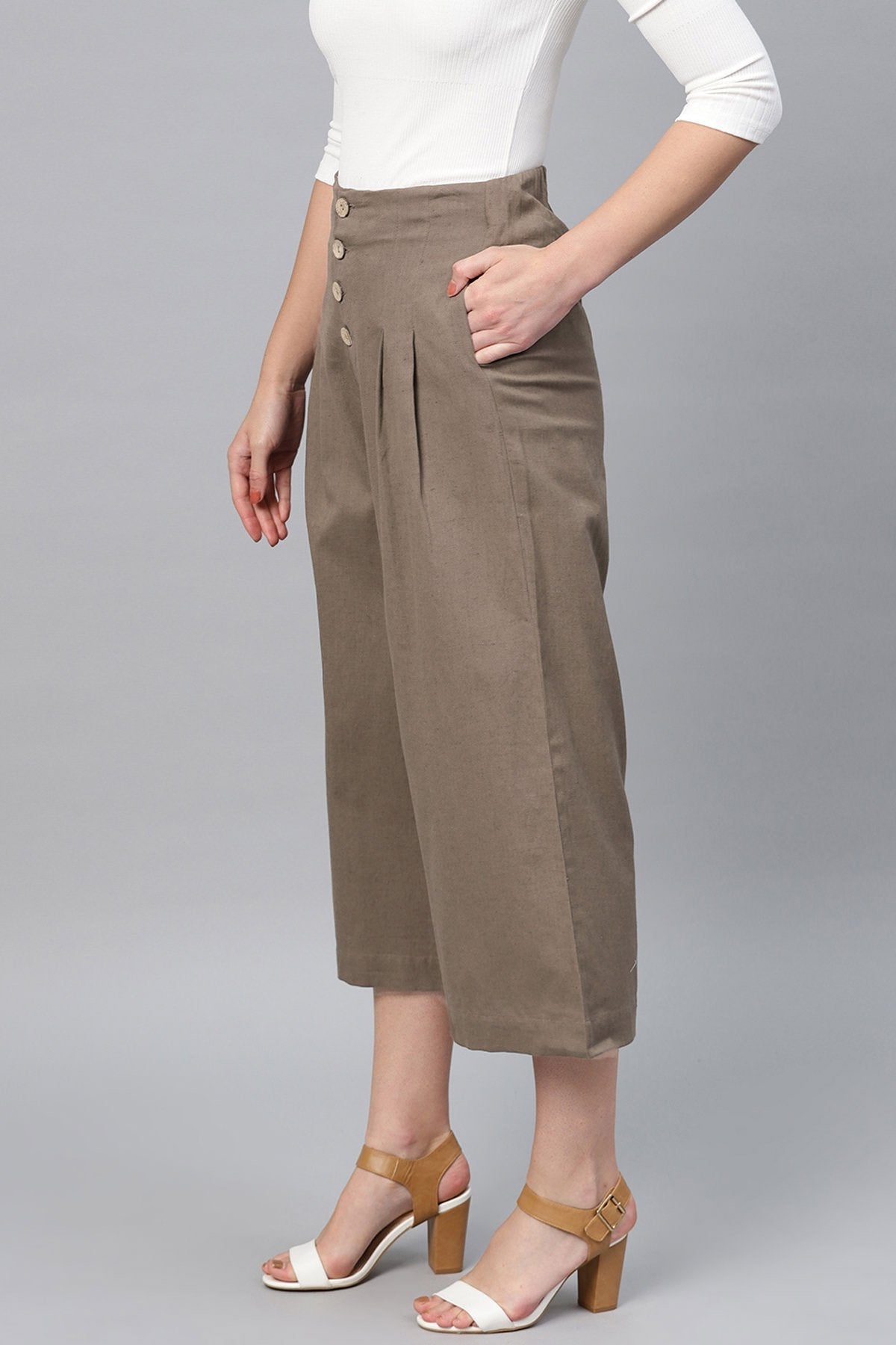 Women's Brown Front Button Pants - SASSAFRAS