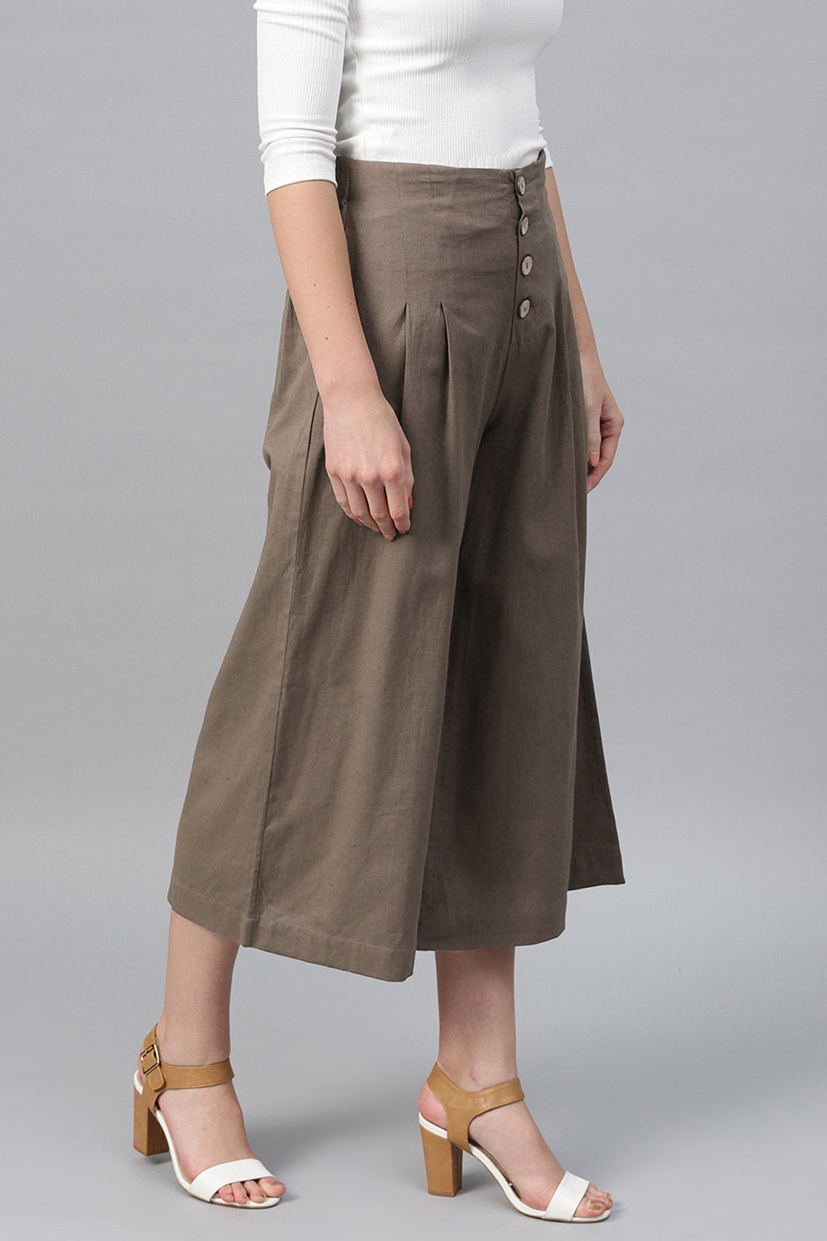 Women's Brown Front Button Pants - SASSAFRAS