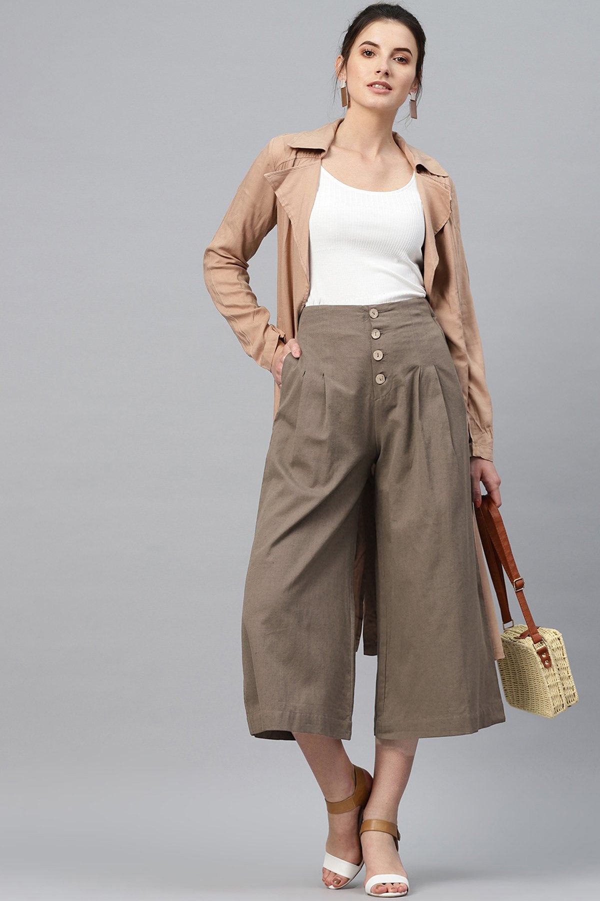 Women's Brown Front Button Pants - SASSAFRAS