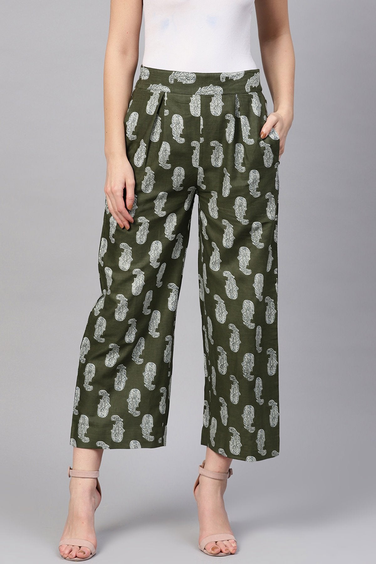 Women's Olive Paisley Pleated Palazzo Pants - SASSAFRAS