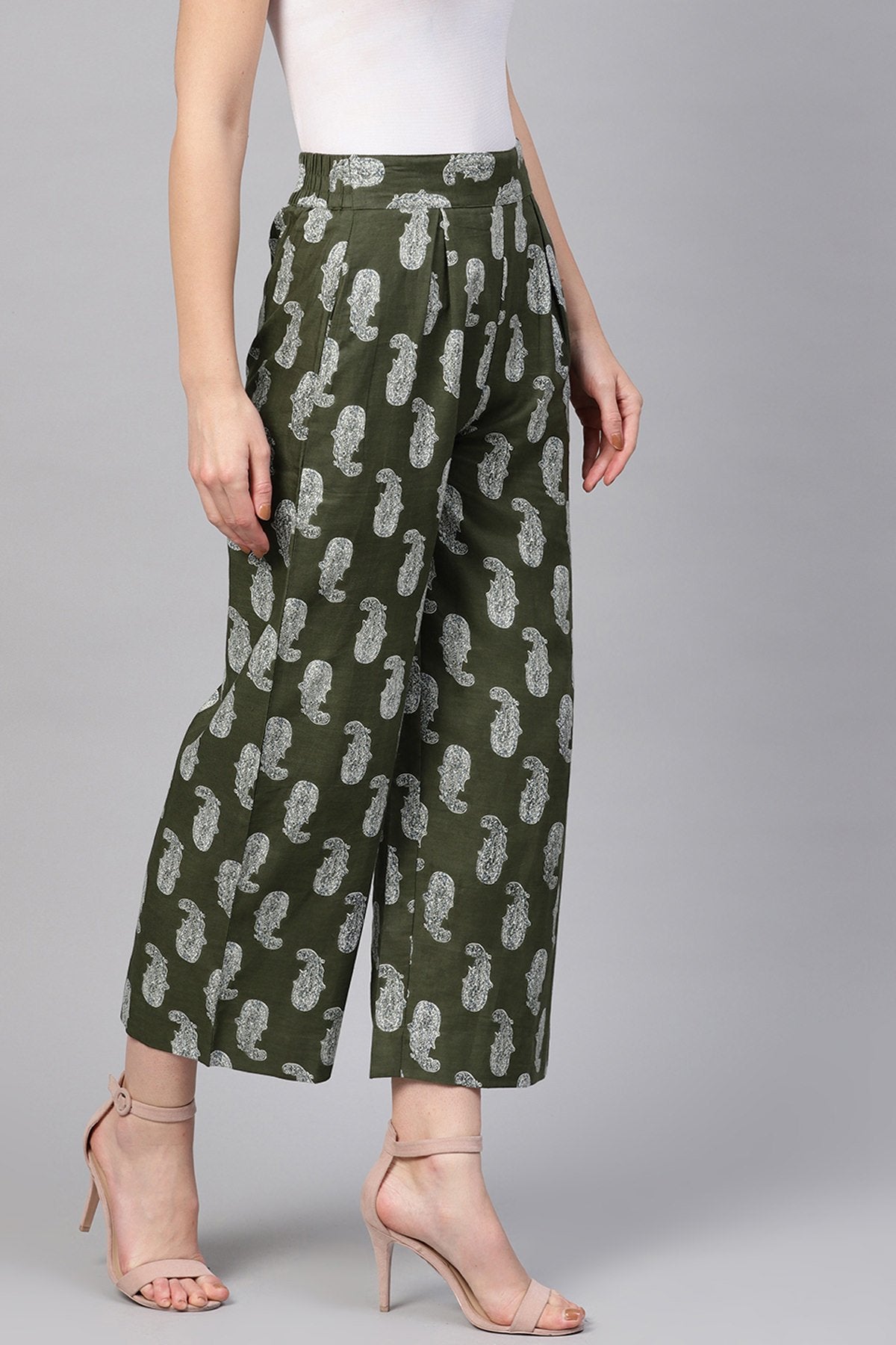 Women's Olive Paisley Pleated Palazzo Pants - SASSAFRAS