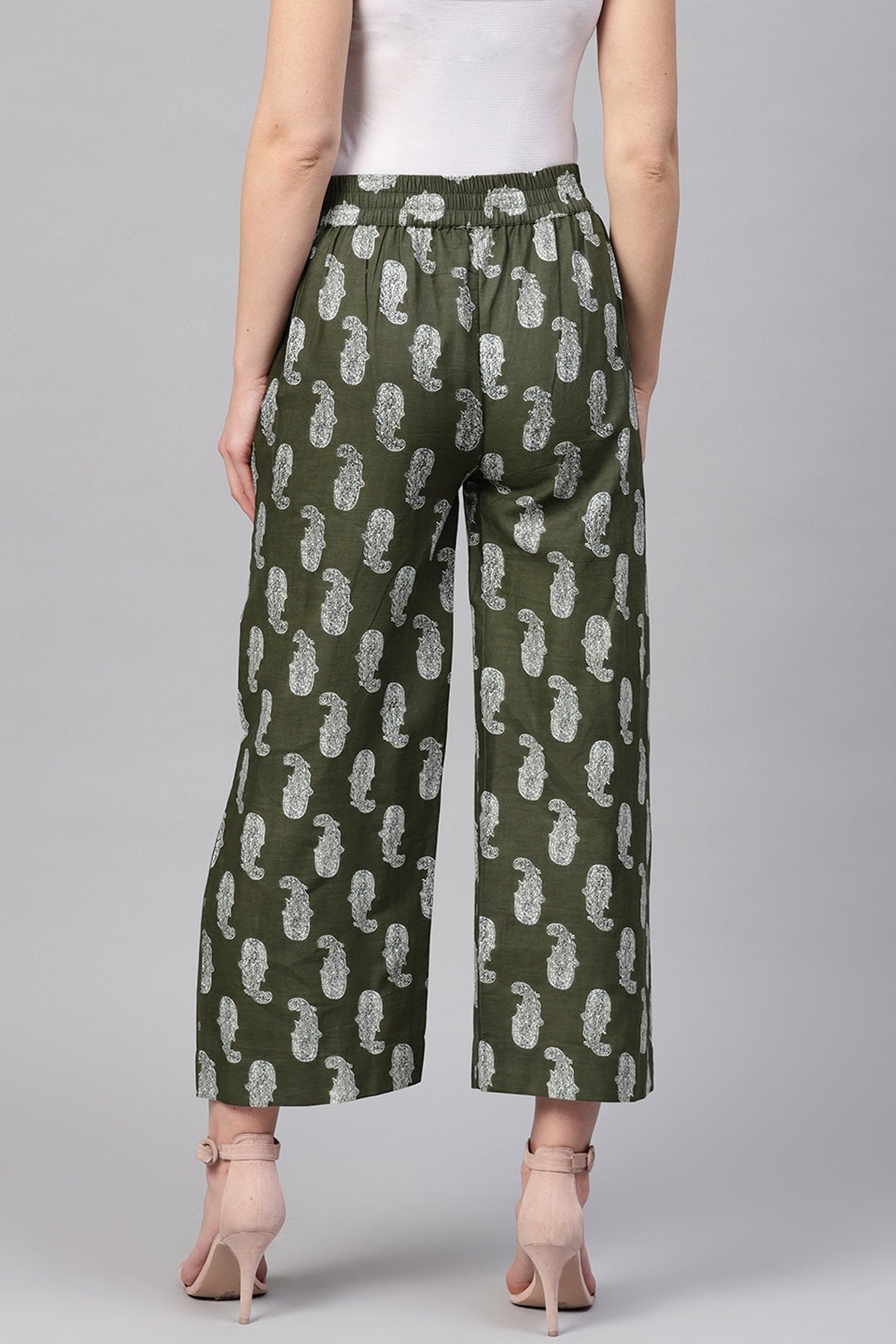 Women's Olive Paisley Pleated Palazzo Pants - SASSAFRAS