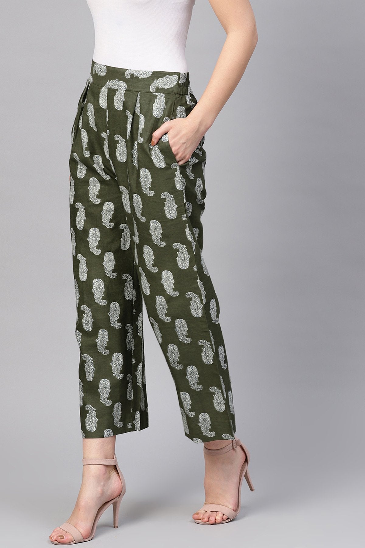 Women's Olive Paisley Pleated Palazzo Pants - SASSAFRAS