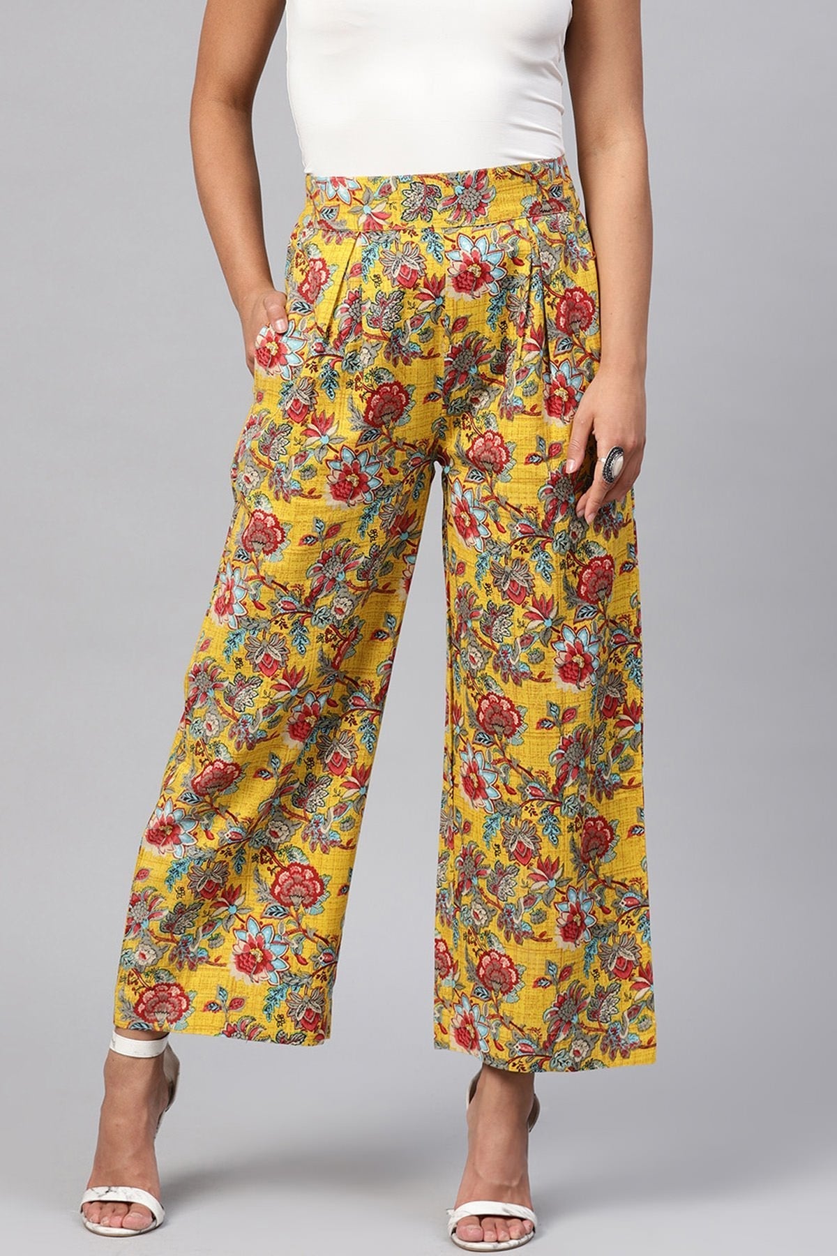 Women's Yellow & Red Floral Pleated Palazzo Pants - SASSAFRAS