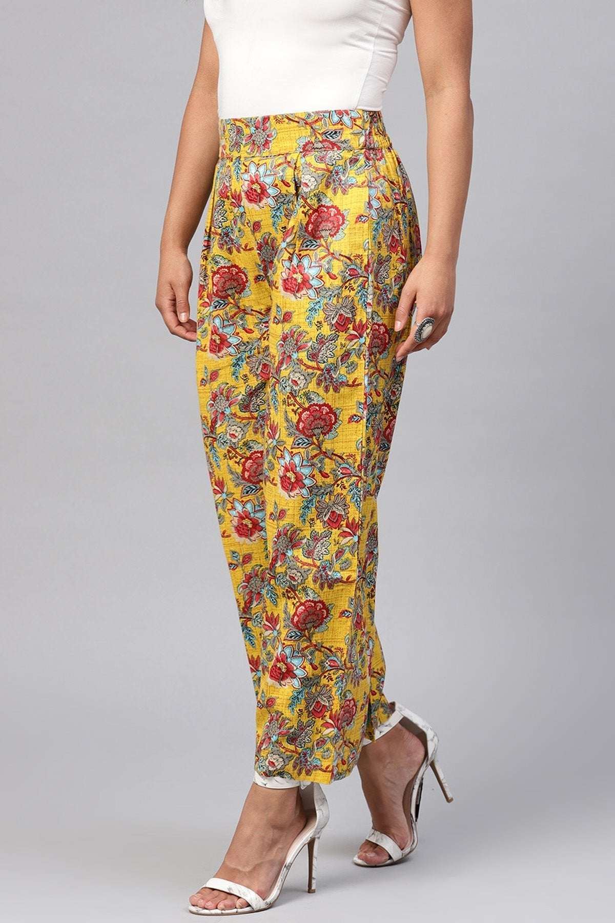 Women's Yellow & Red Floral Pleated Palazzo Pants - SASSAFRAS