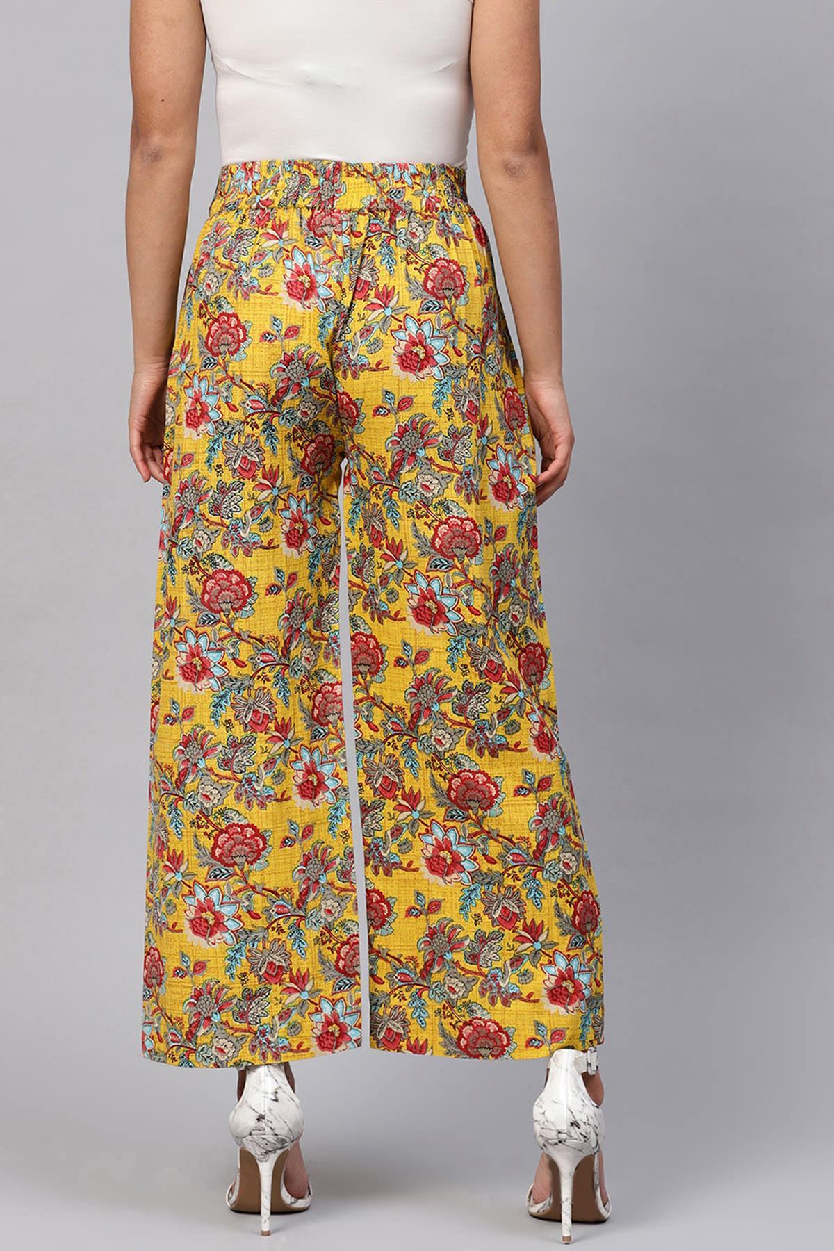 Women's Yellow & Red Floral Pleated Palazzo Pants - SASSAFRAS