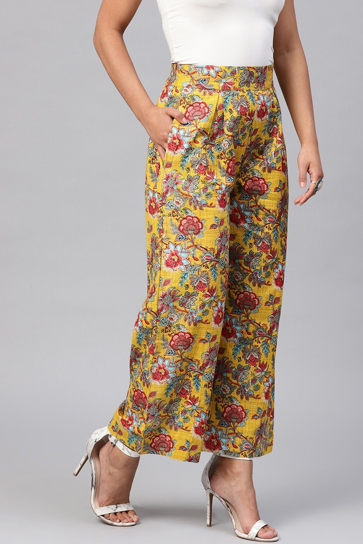 Women's Yellow & Red Floral Pleated Palazzo Pants - SASSAFRAS