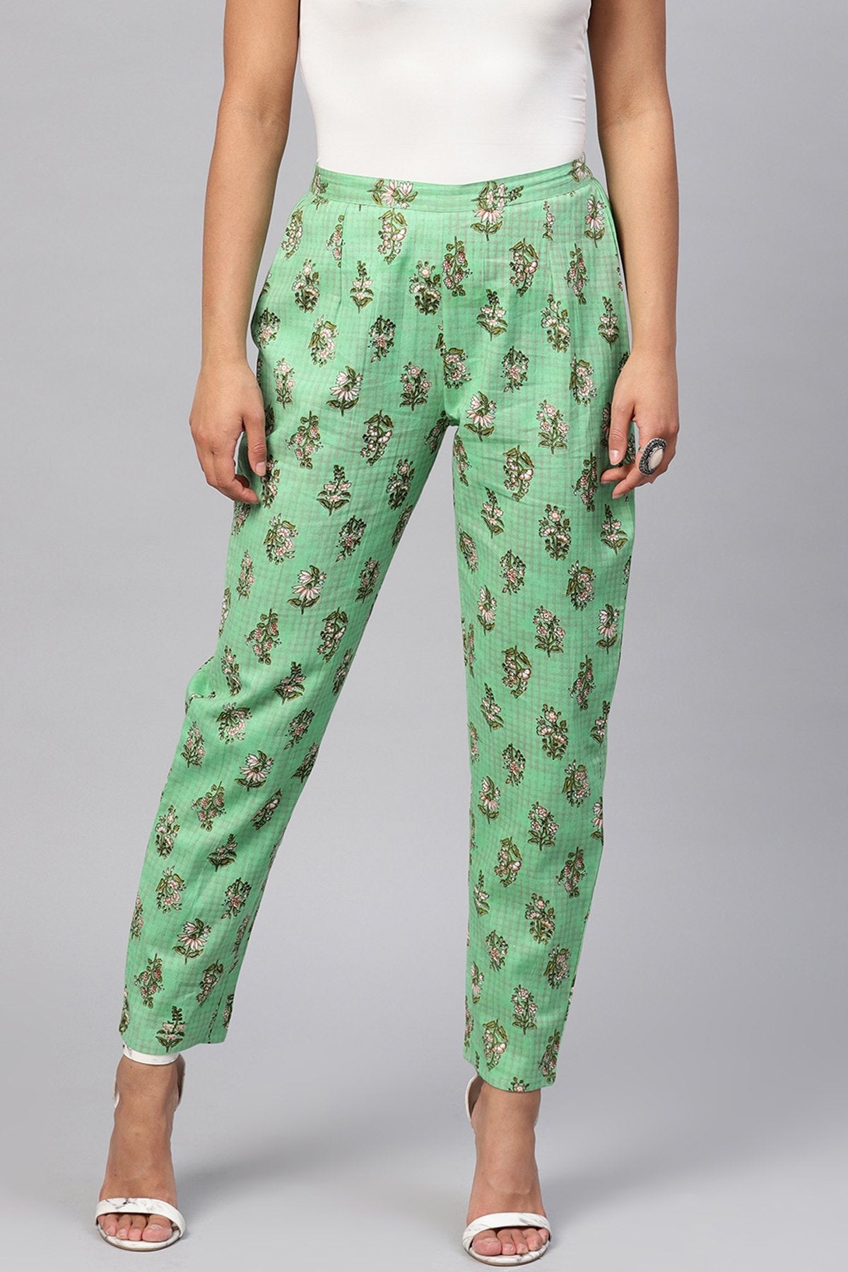 Women's Green Mughal Floral Pencil Pants - SASSAFRAS