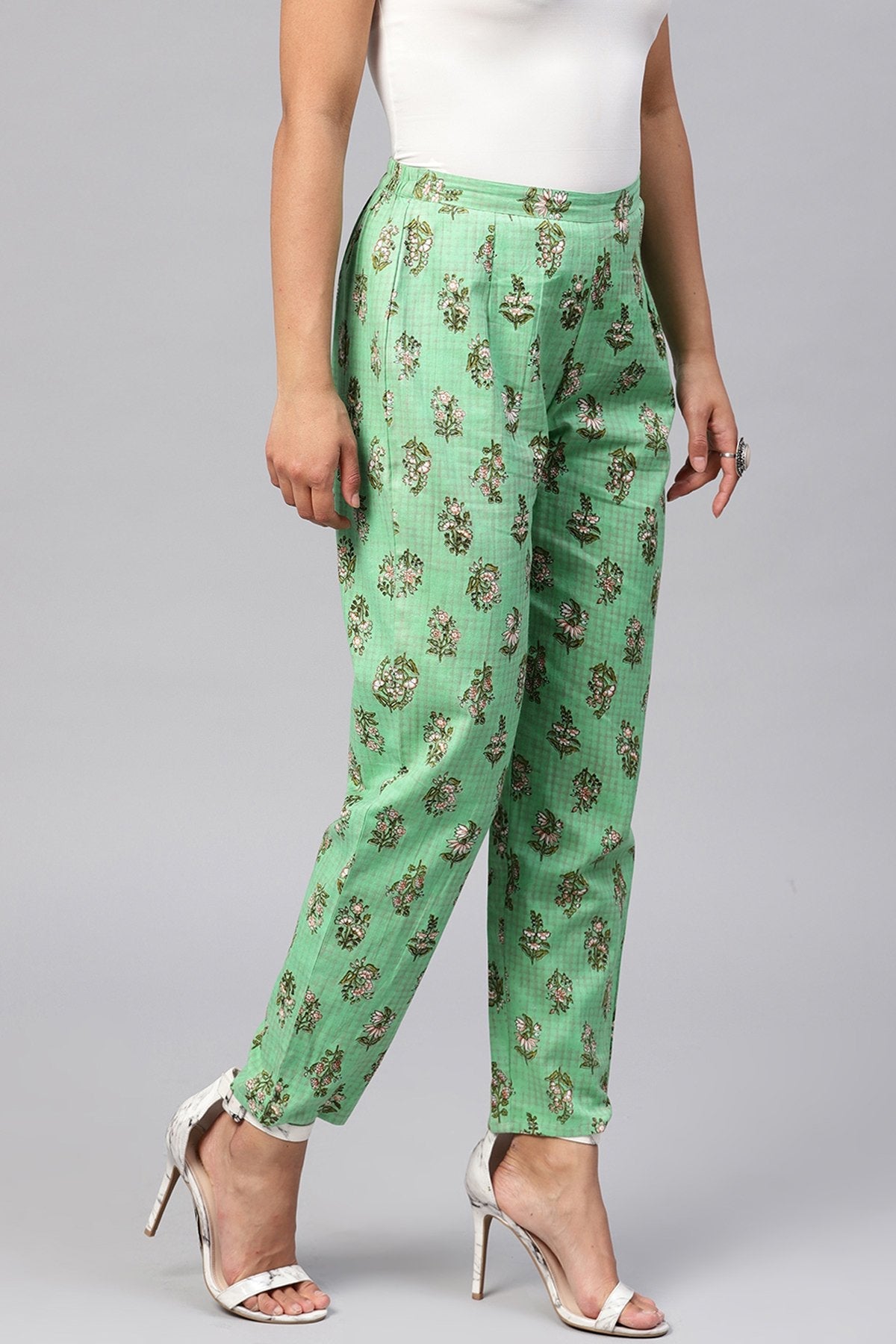 Women's Green Mughal Floral Pencil Pants - SASSAFRAS