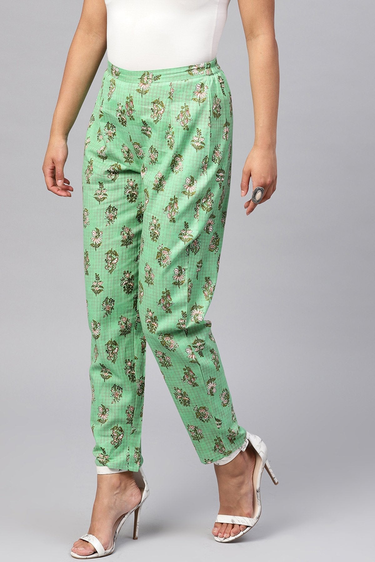 Women's Green Mughal Floral Pencil Pants - SASSAFRAS