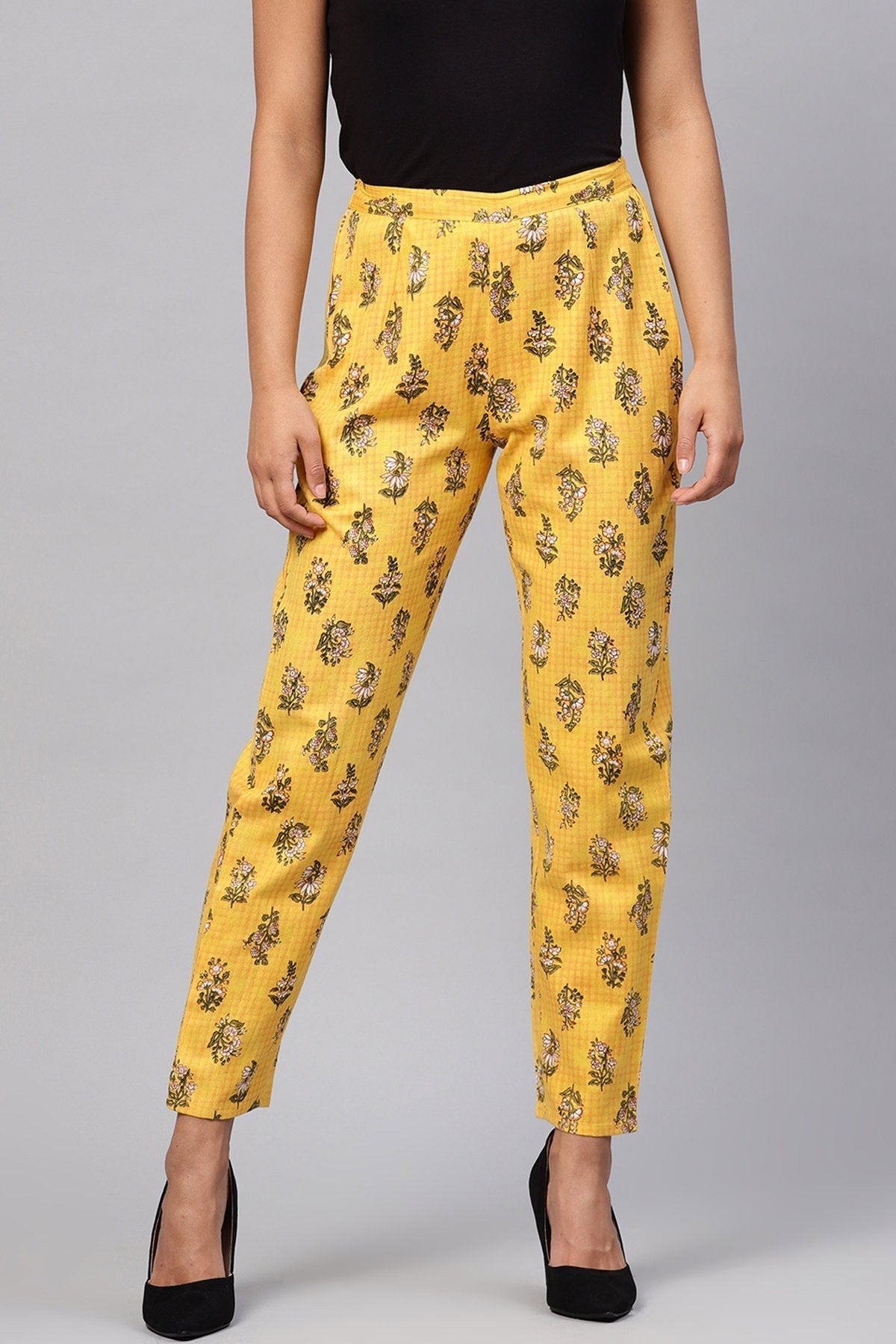 Women's Yellow Mughal Floral Pencil Pants - SASSAFRAS