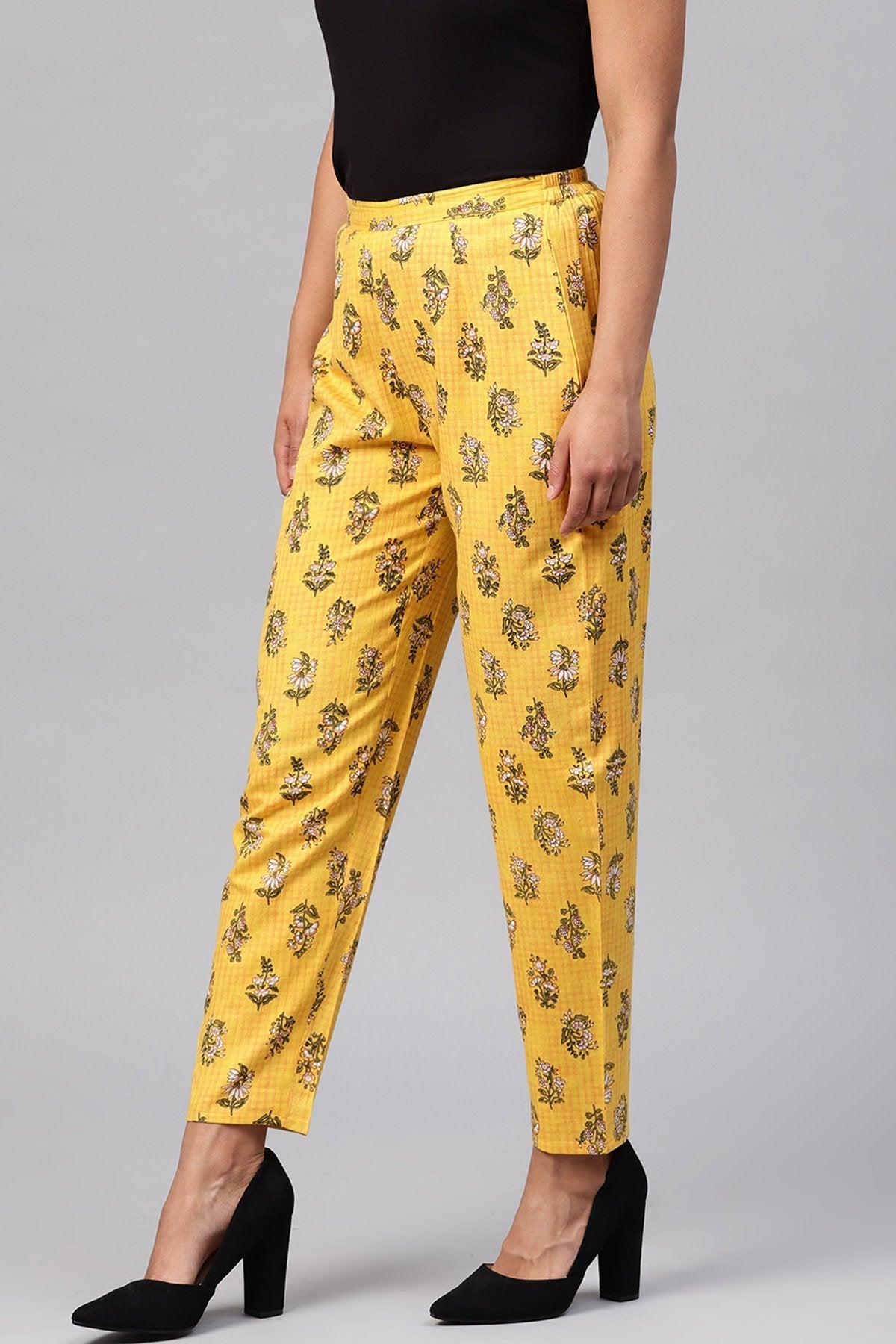 Women's Yellow Mughal Floral Pencil Pants - SASSAFRAS