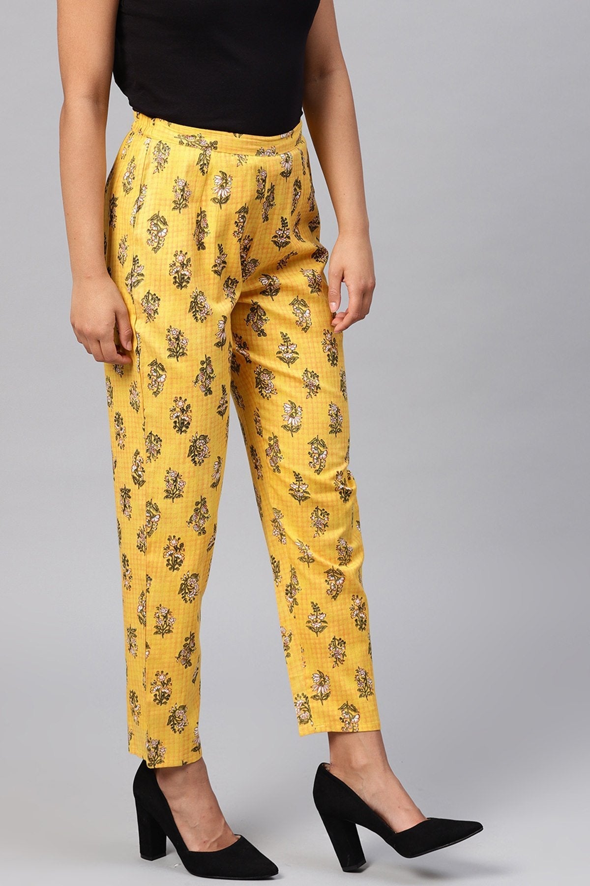 Women's Yellow Mughal Floral Pencil Pants - SASSAFRAS