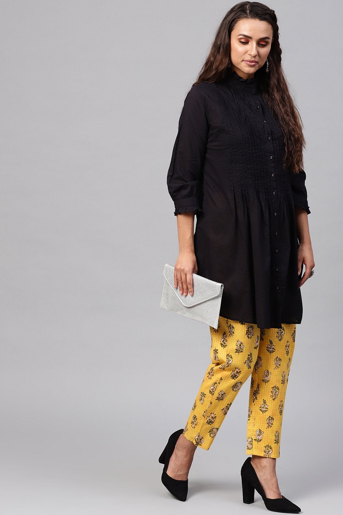 Women's Yellow Mughal Floral Pencil Pants - SASSAFRAS