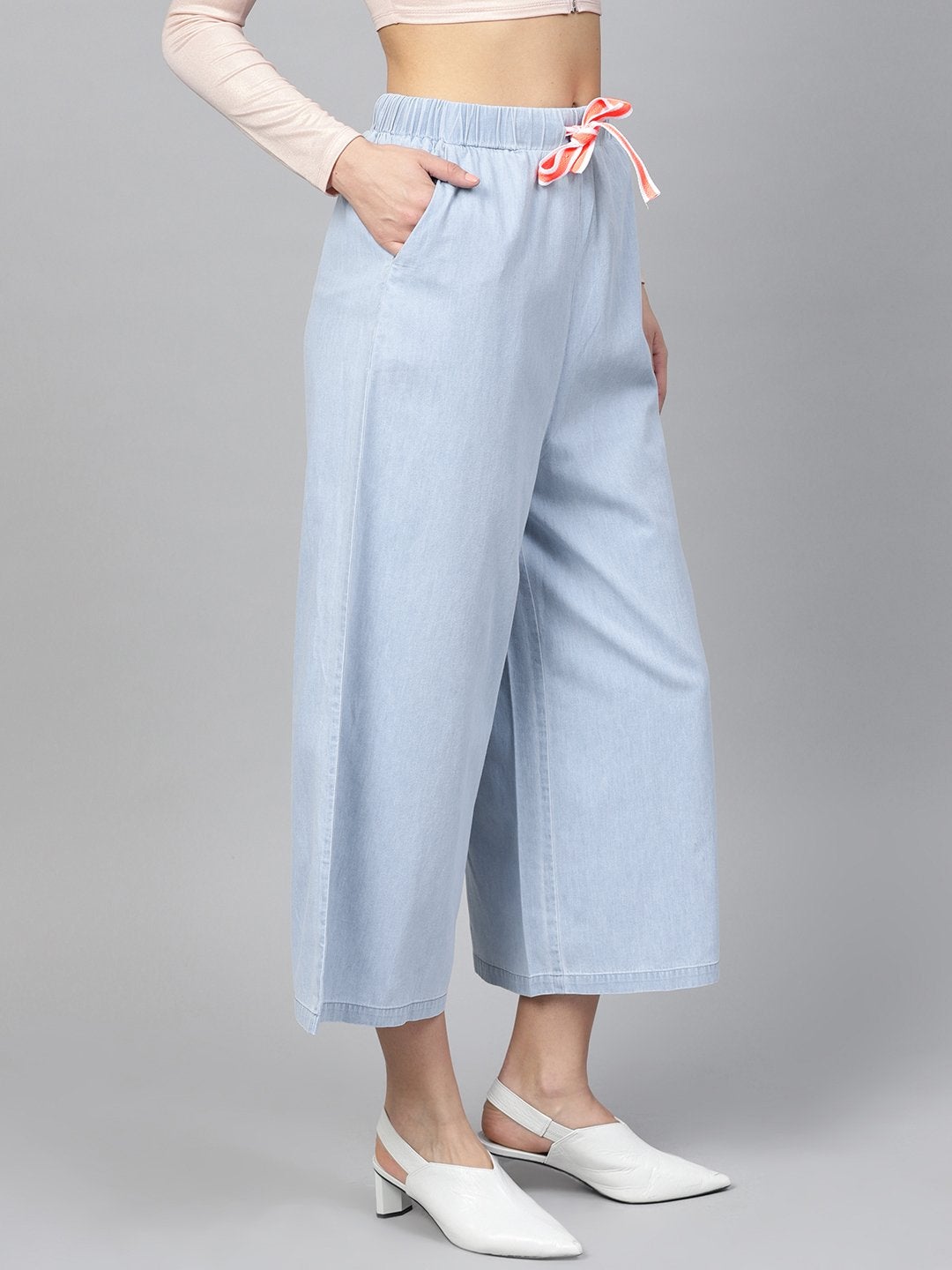 Women's Blue Denim Neon Drawstring Pants - SASSAFRAS