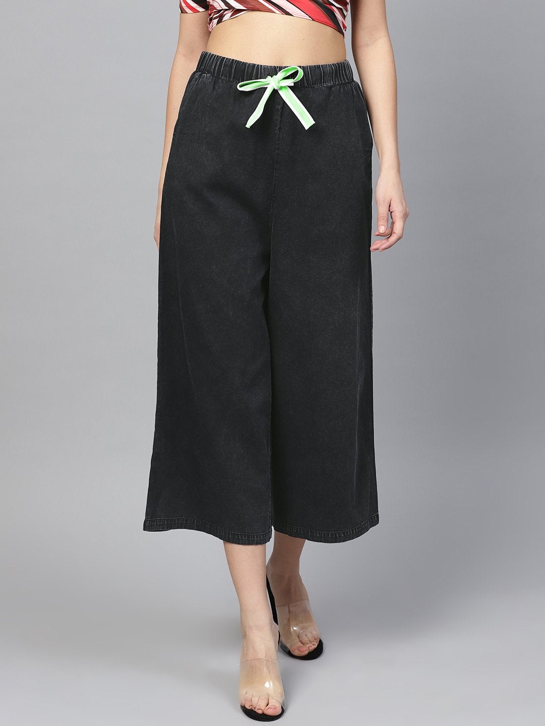 Women's Black Denim Neon Drawstring Pants - SASSAFRAS