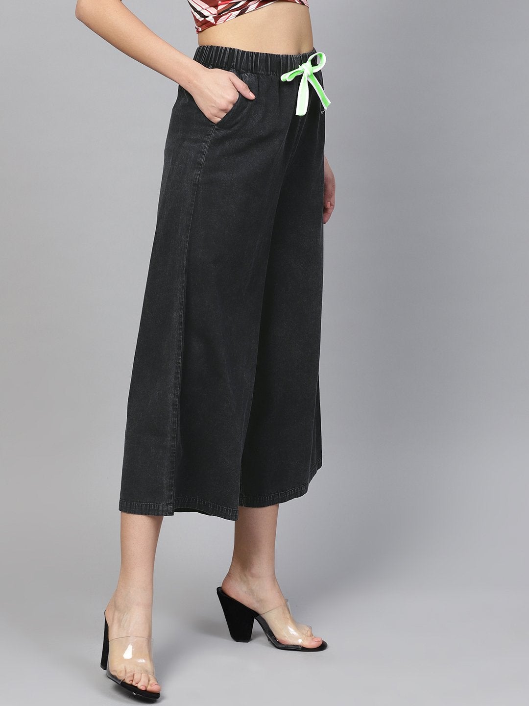 Women's Black Denim Neon Drawstring Pants - SASSAFRAS