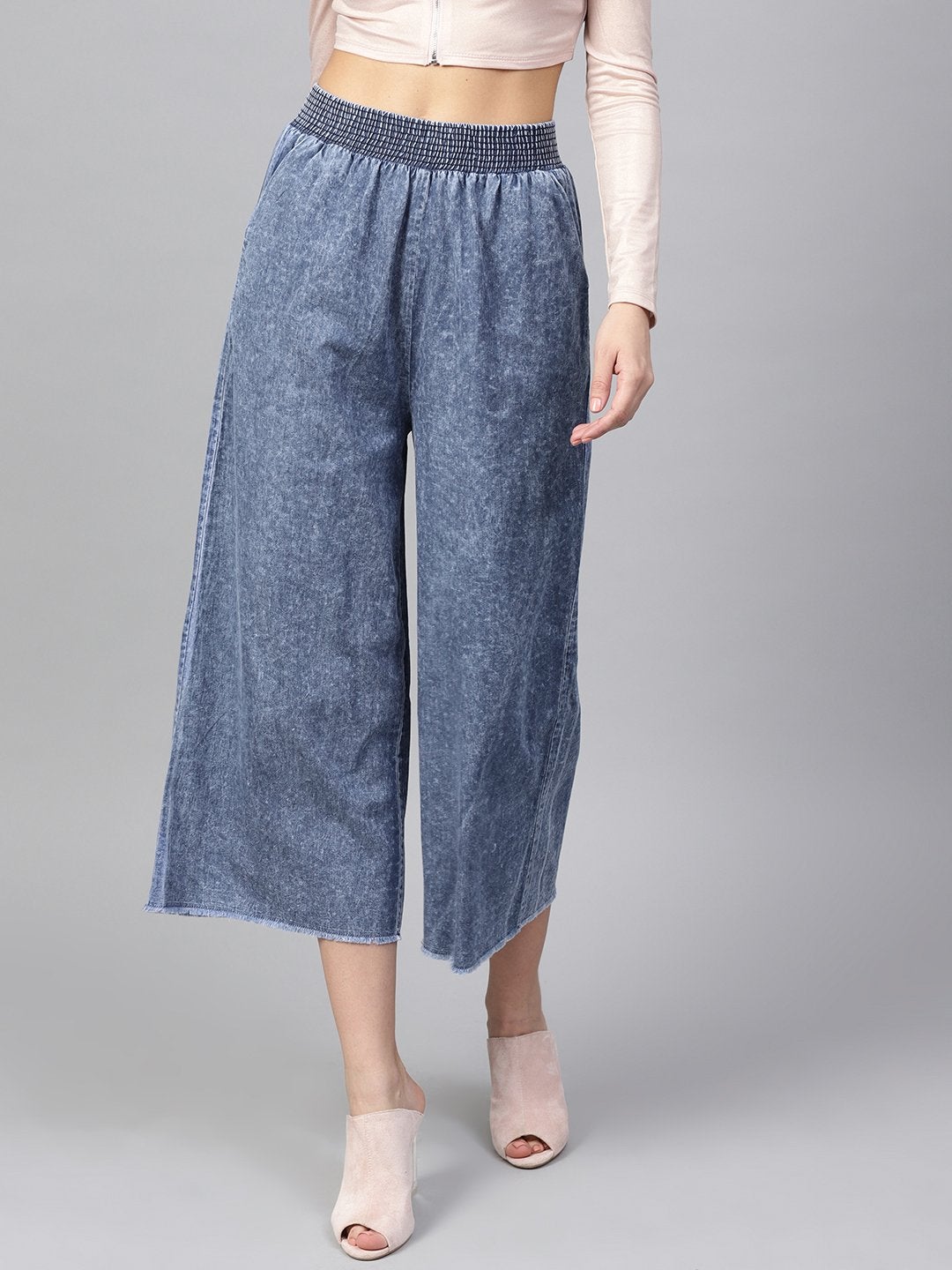 Women's Blue Denim Smocked Waist Pant - SASSAFRAS