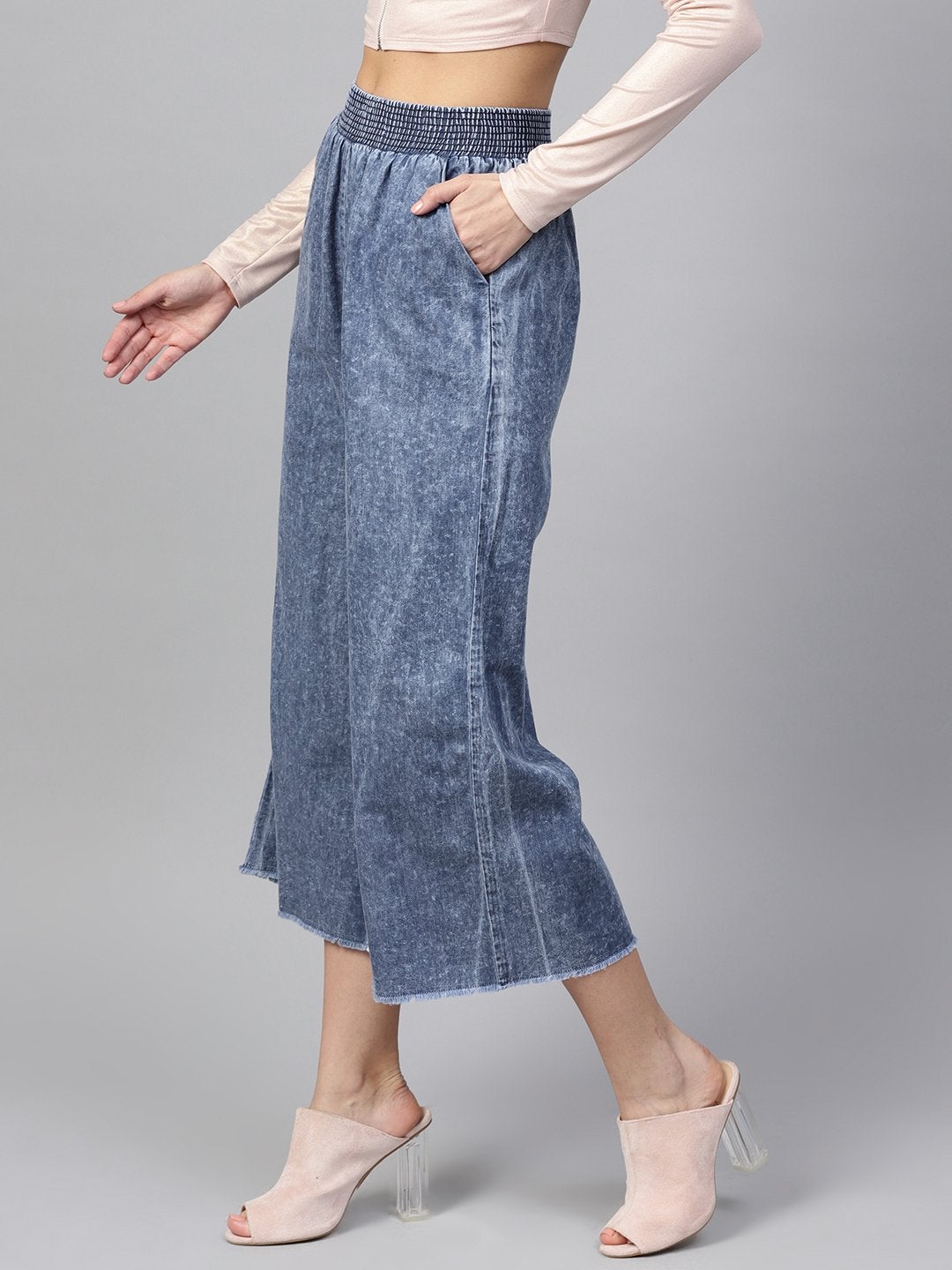 Women's Blue Denim Smocked Waist Pant - SASSAFRAS