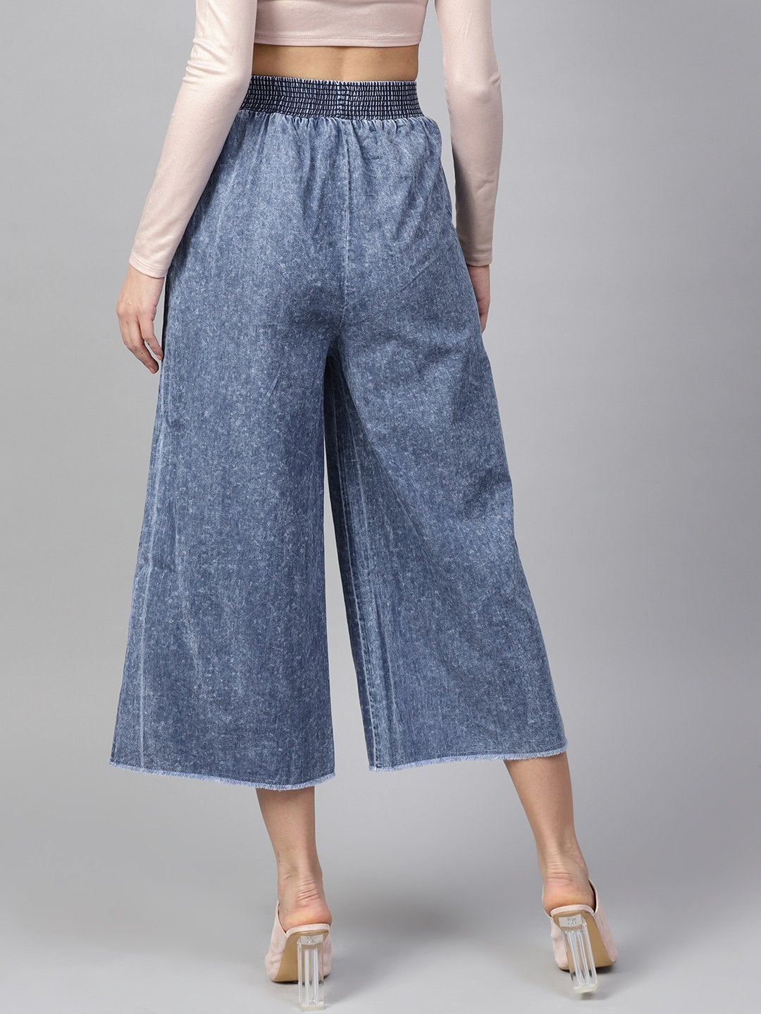 Women's Blue Denim Smocked Waist Pant - SASSAFRAS