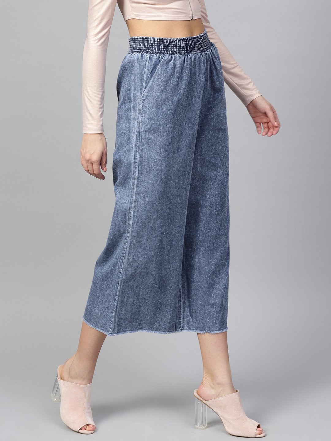 Women's Blue Denim Smocked Waist Pant - SASSAFRAS