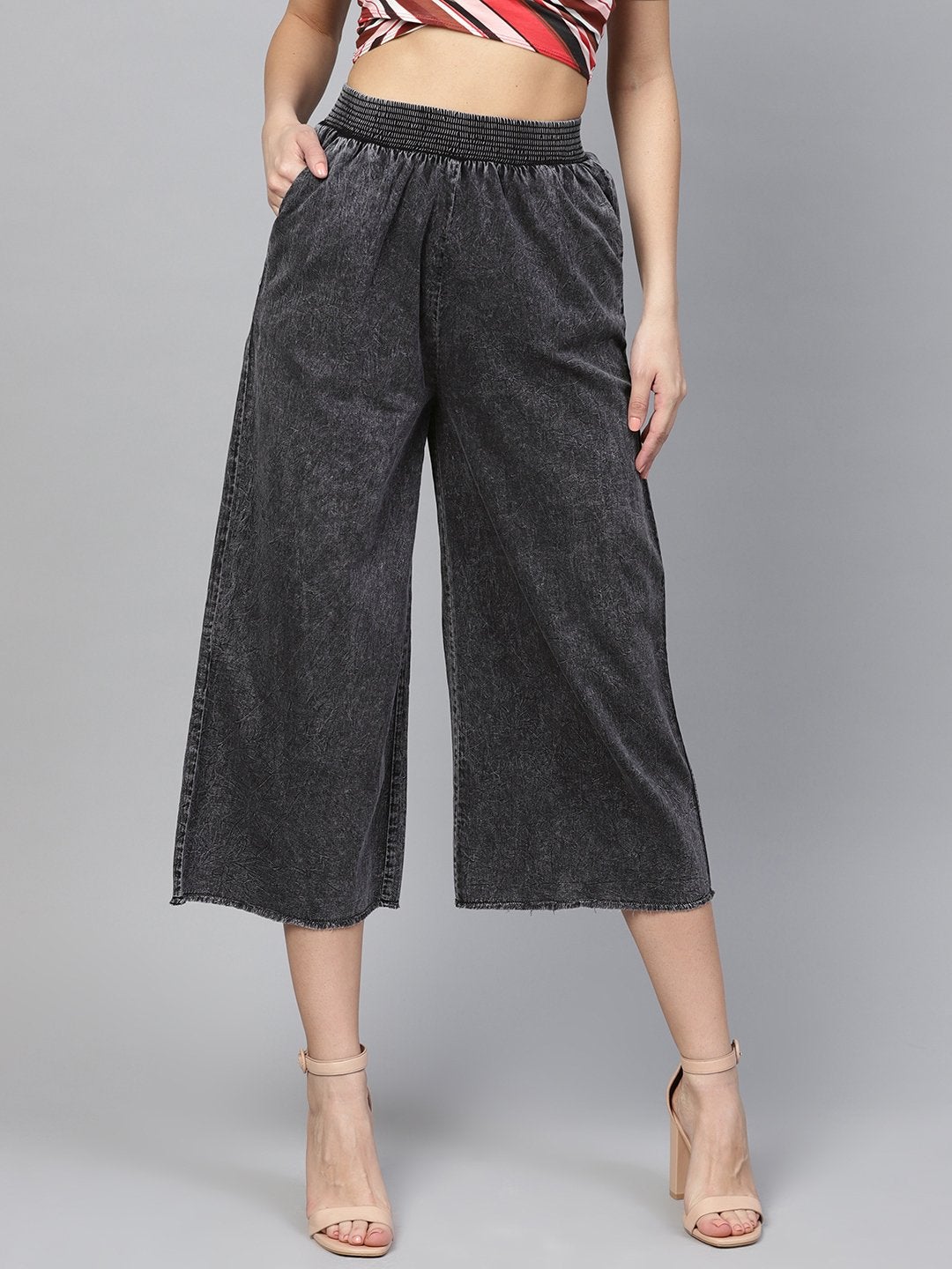 Women's Black Denim Smocked Waist Pant - SASSAFRAS