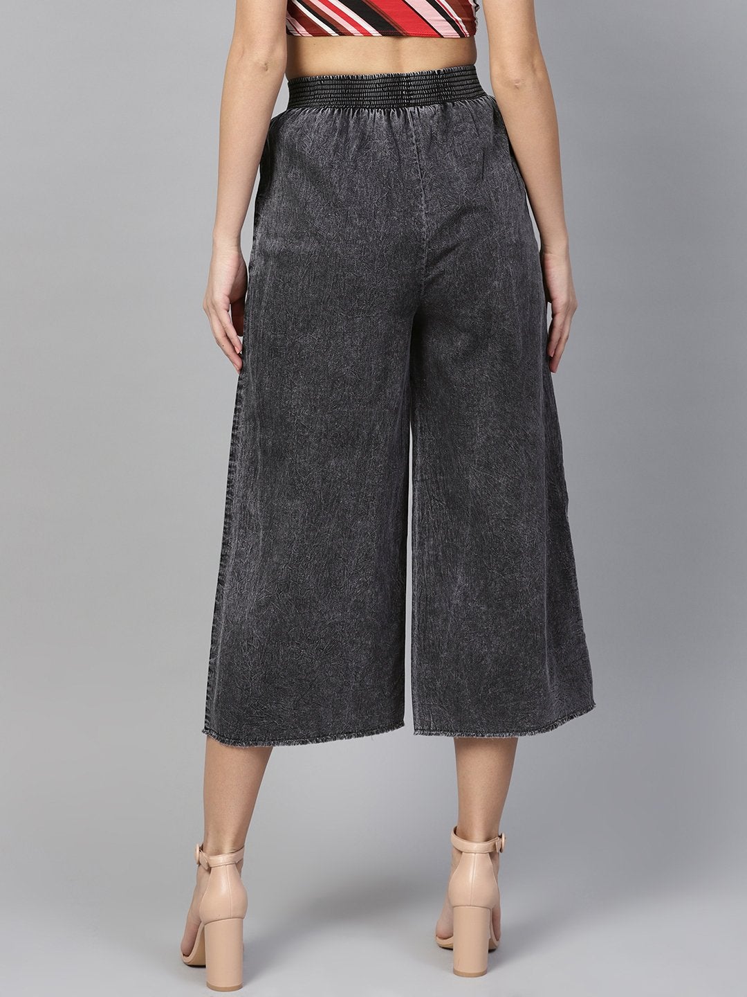 Women's Black Denim Smocked Waist Pant - SASSAFRAS