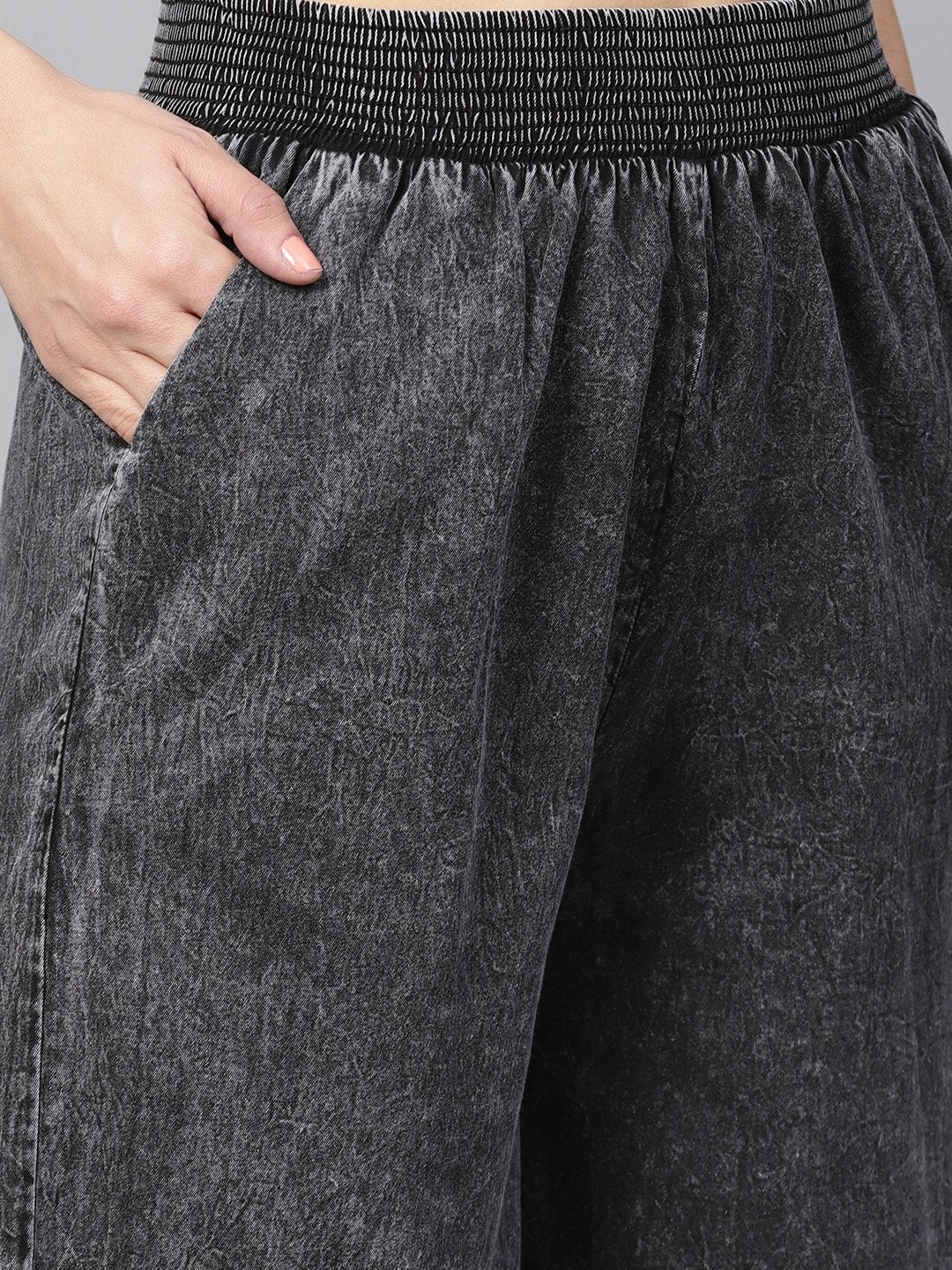 Women's Black Denim Smocked Waist Pant - SASSAFRAS