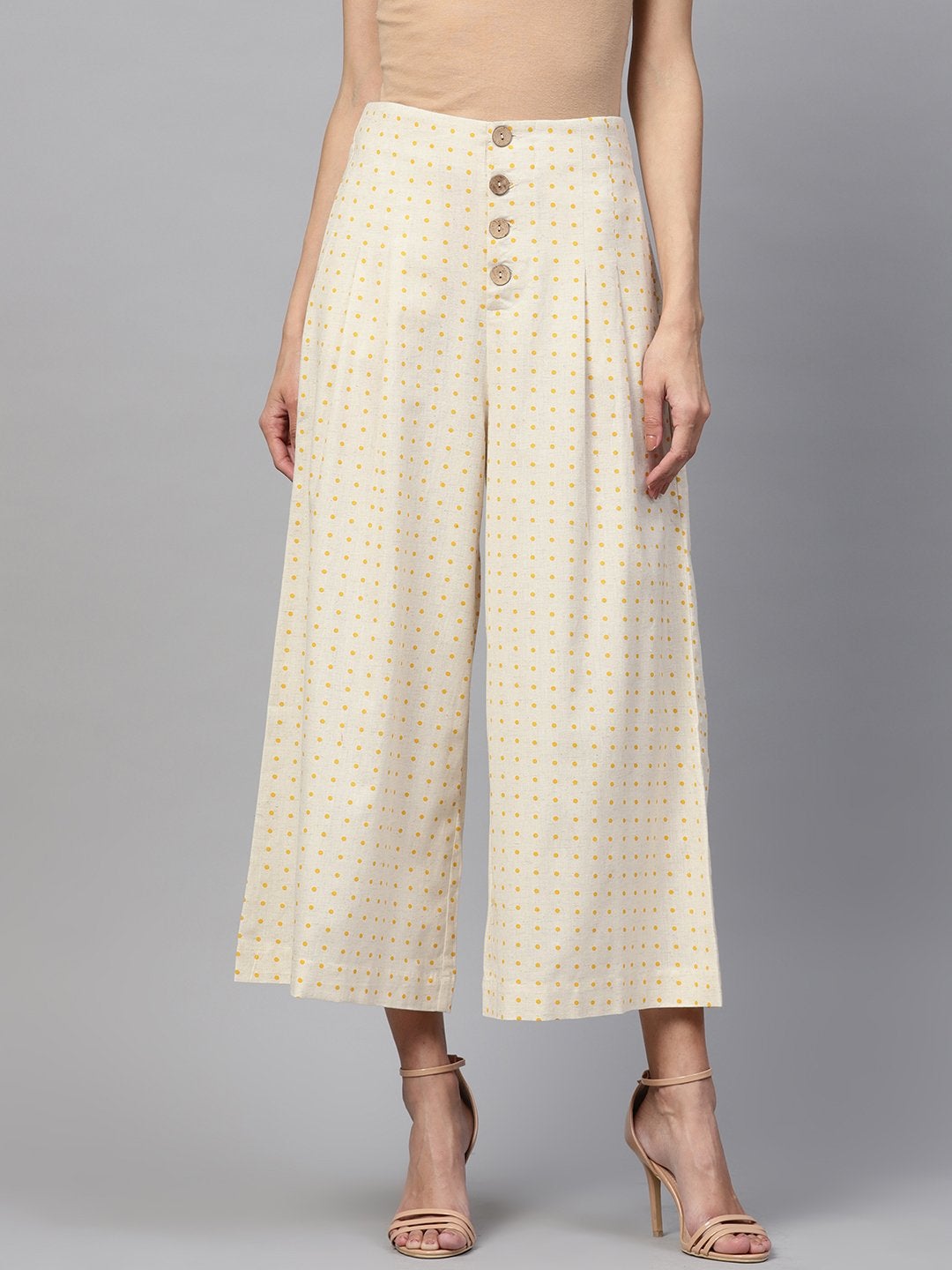 Women's Beige Polka Wood Button Culottes - SASSAFRAS