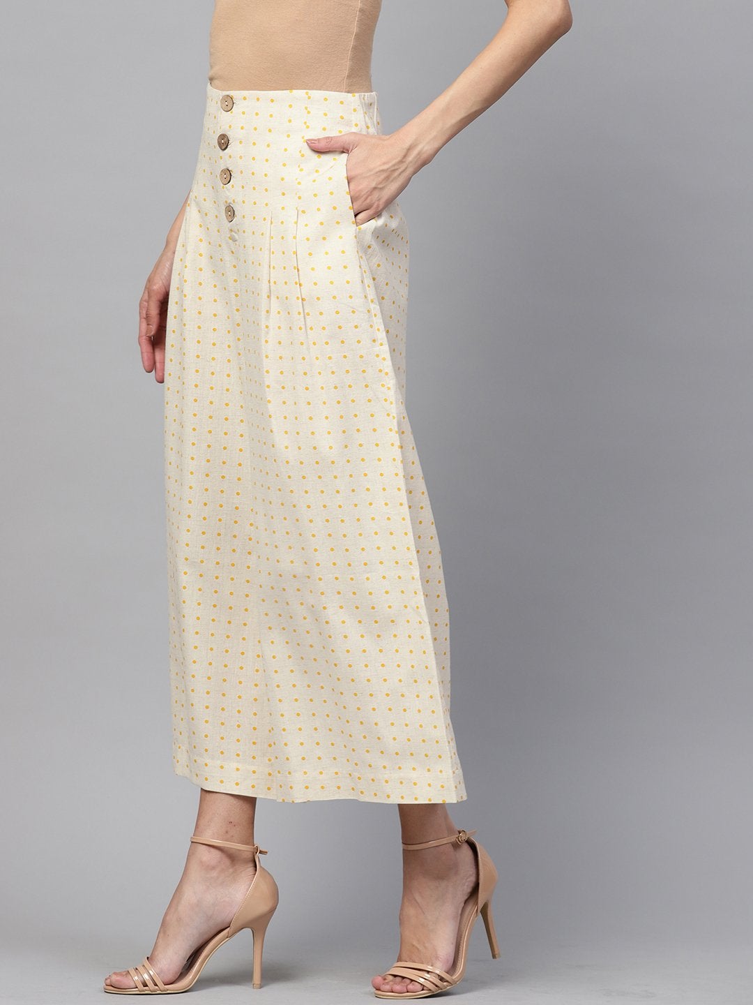 Women's Beige Polka Wood Button Culottes - SASSAFRAS