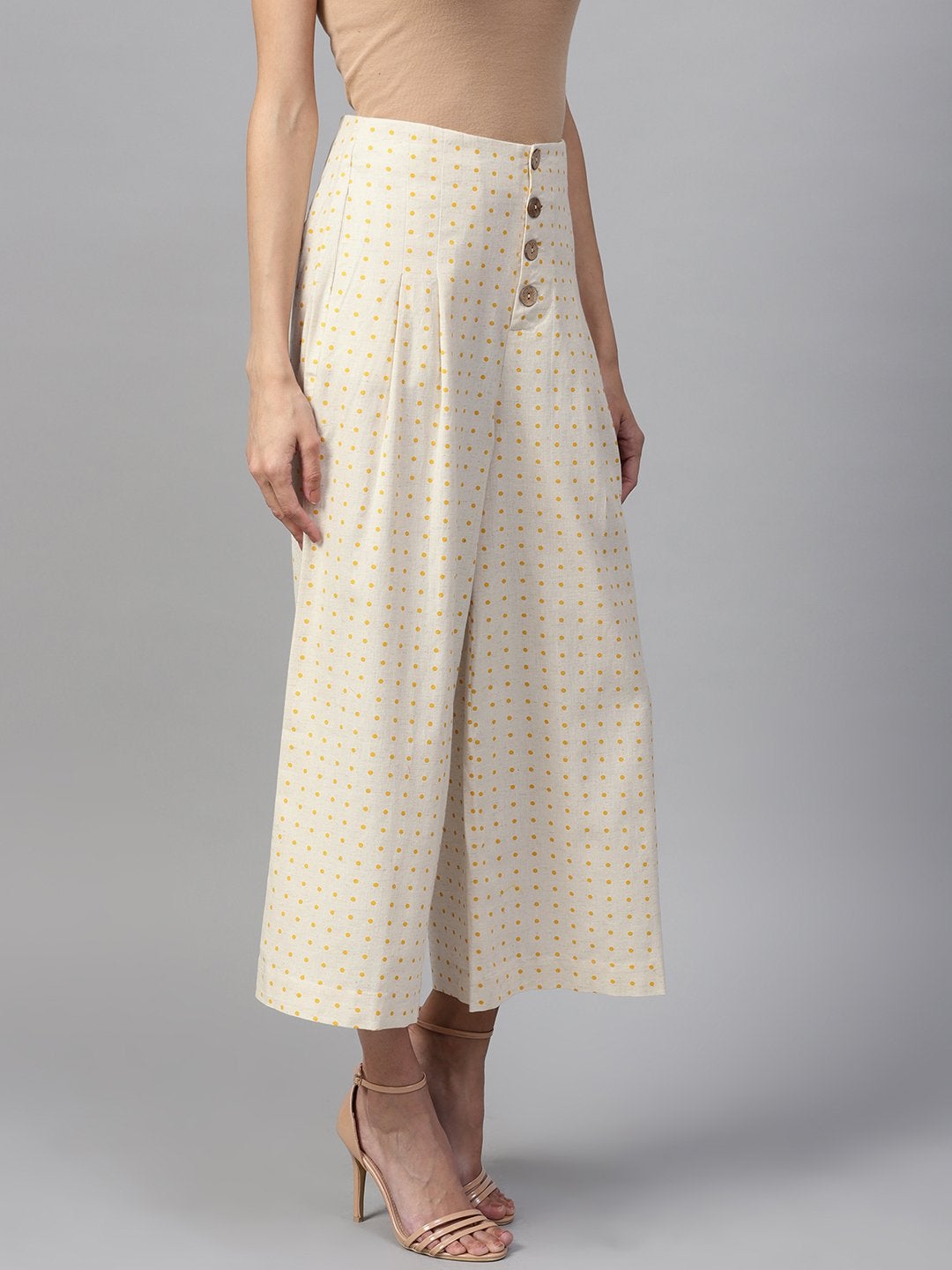 Women's Beige Polka Wood Button Culottes - SASSAFRAS