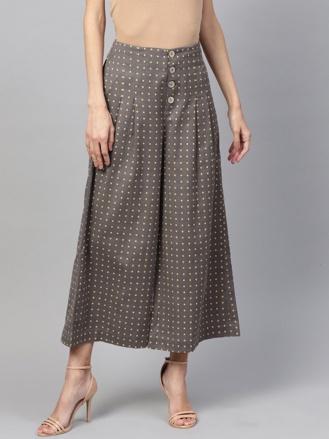 Women's Grey Polka Wood Button Culottes - SASSAFRAS