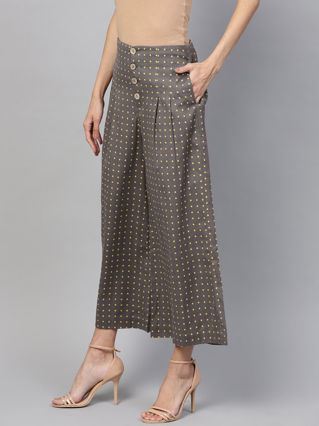 Women's Grey Polka Wood Button Culottes - SASSAFRAS