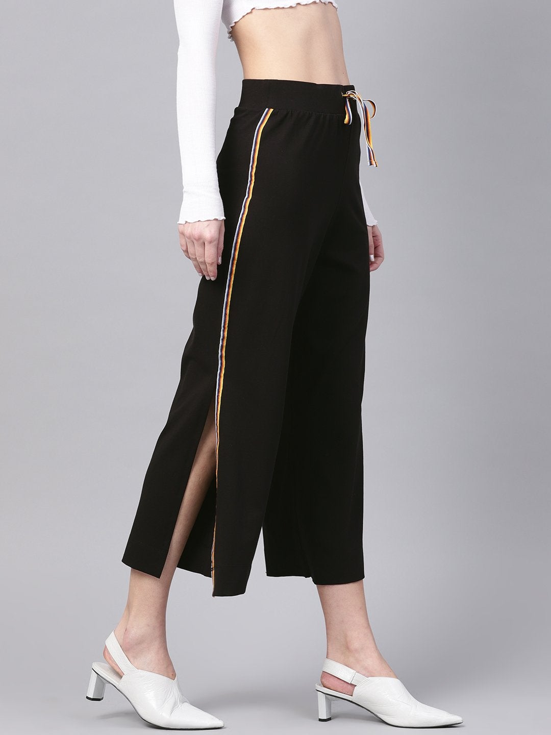 Women's Black Side Slit Athleisure Culottes - SASSAFRAS