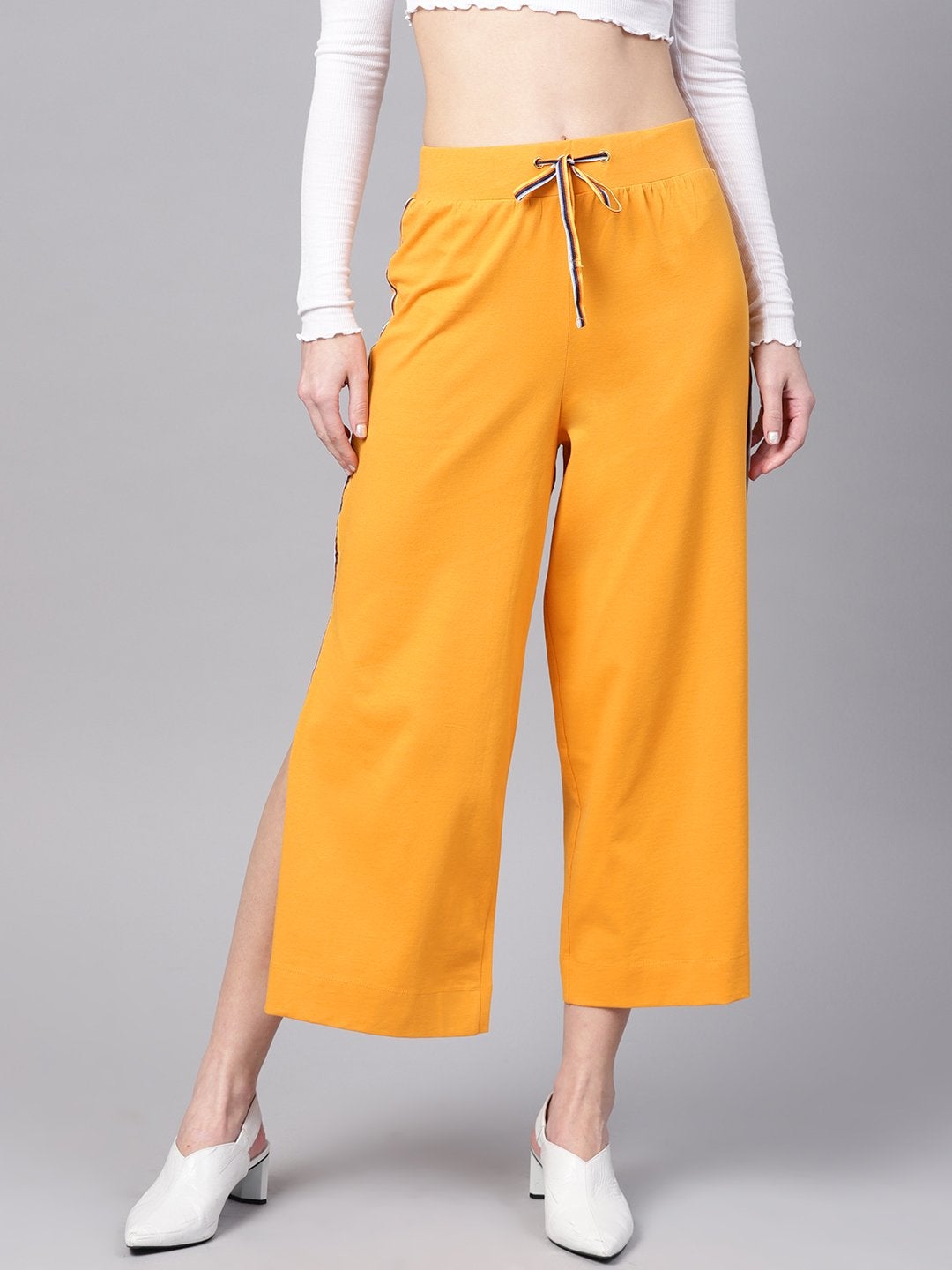 Women's Mustard Side Slit Athleisure Culottes - SASSAFRAS