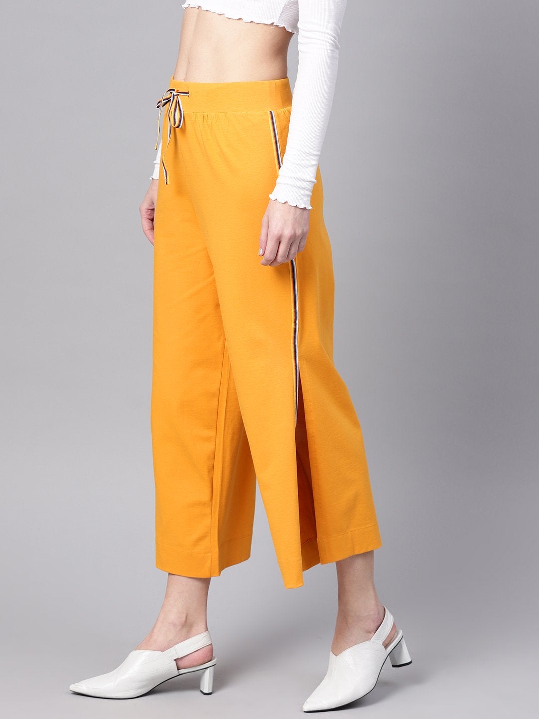 Women's Mustard Side Slit Athleisure Culottes - SASSAFRAS