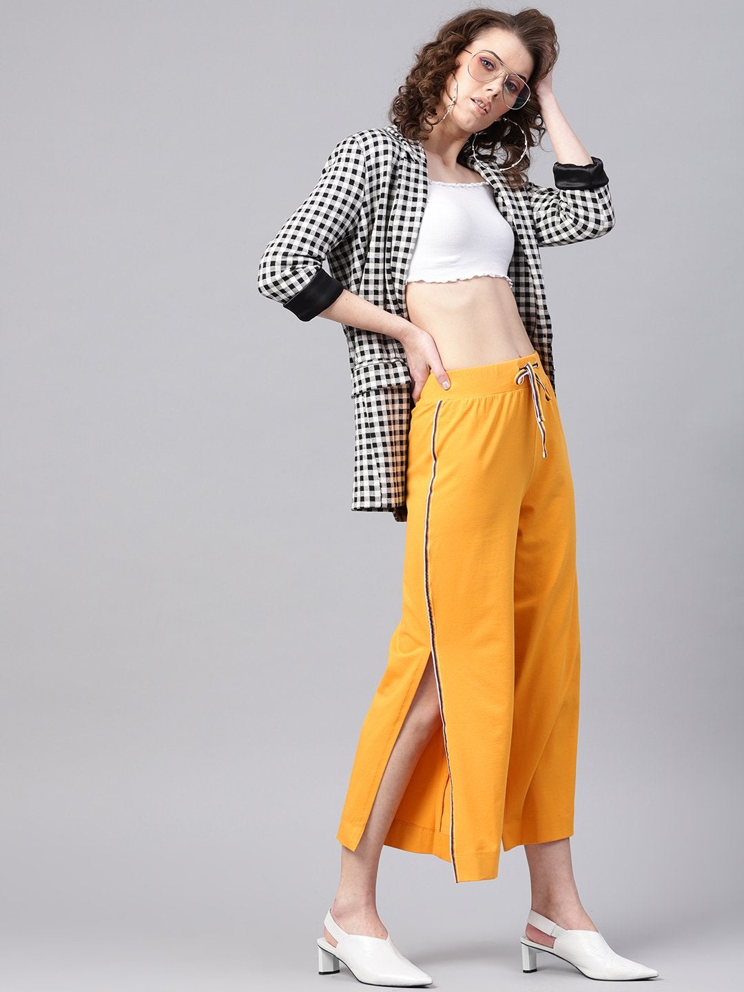 Women's Mustard Side Slit Athleisure Culottes - SASSAFRAS