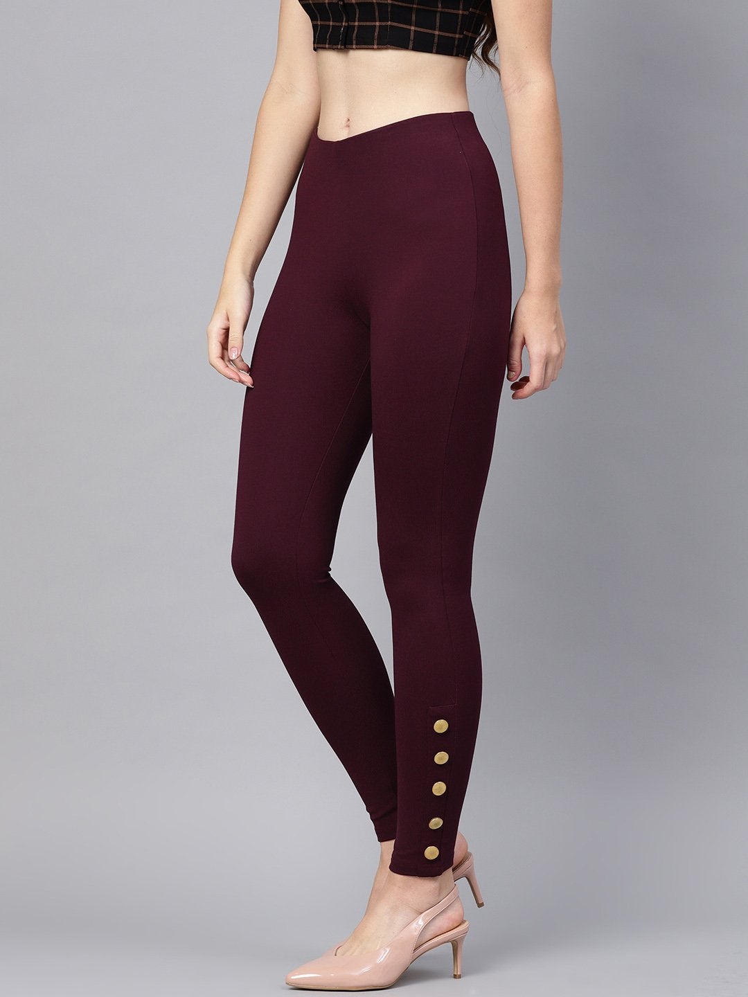 Women's Wine Knitted Button Detail Jeggings - SASSAFRAS