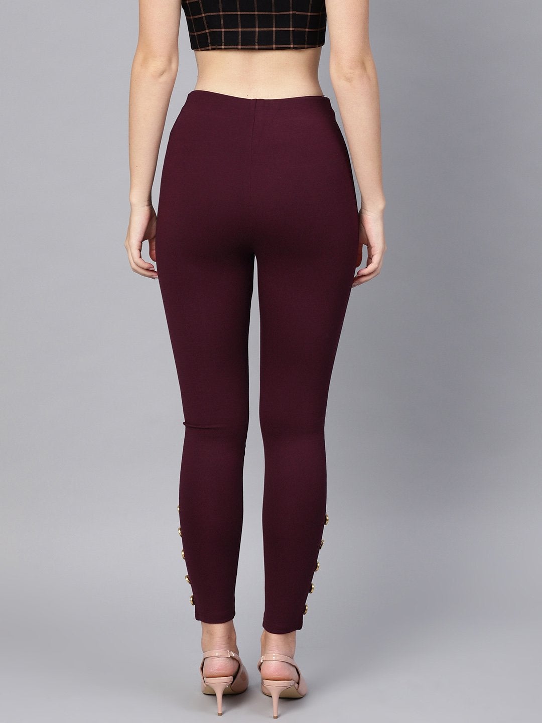 Women's Wine Knitted Button Detail Jeggings - SASSAFRAS