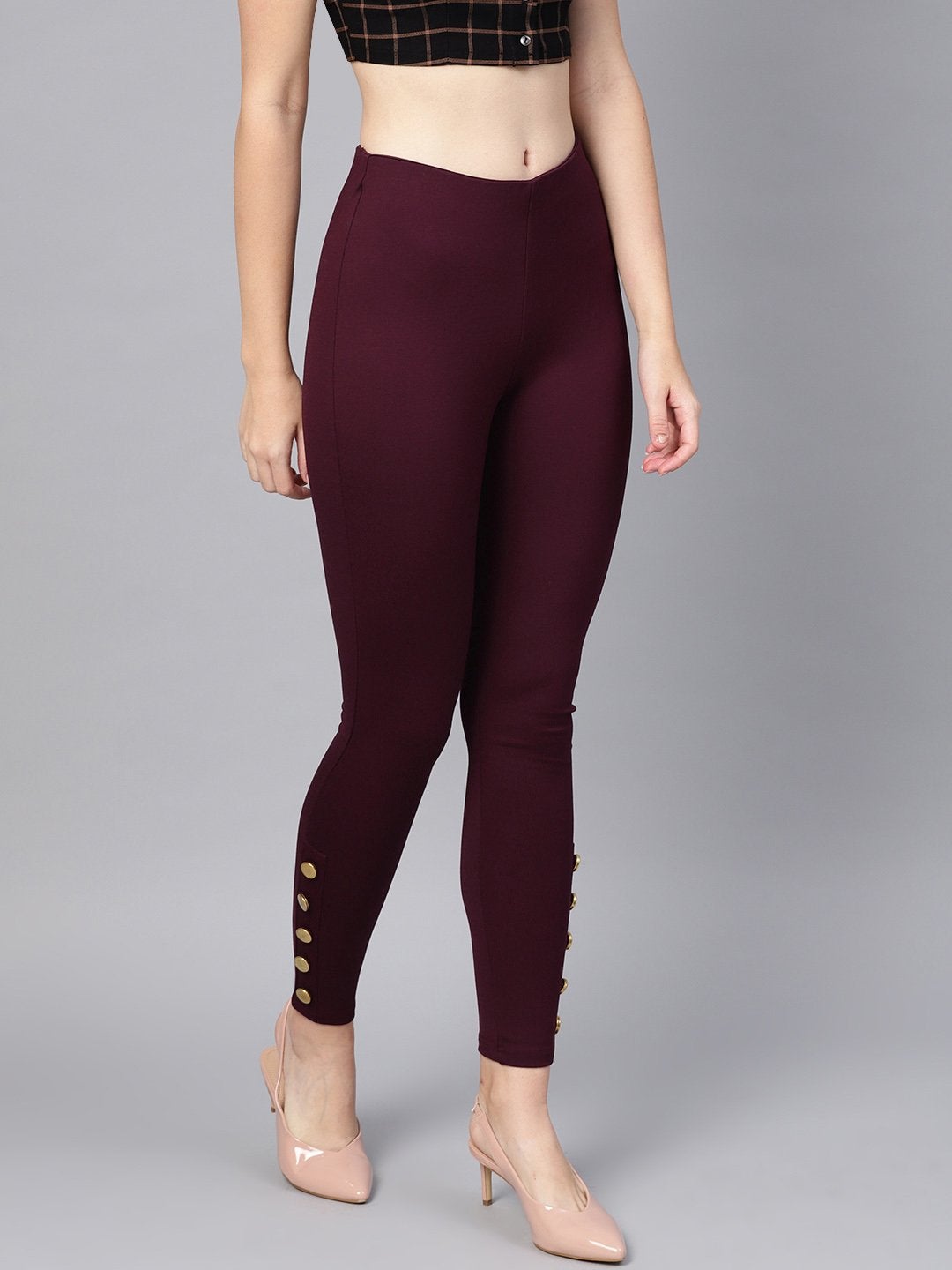 Women's Wine Knitted Button Detail Jeggings - SASSAFRAS