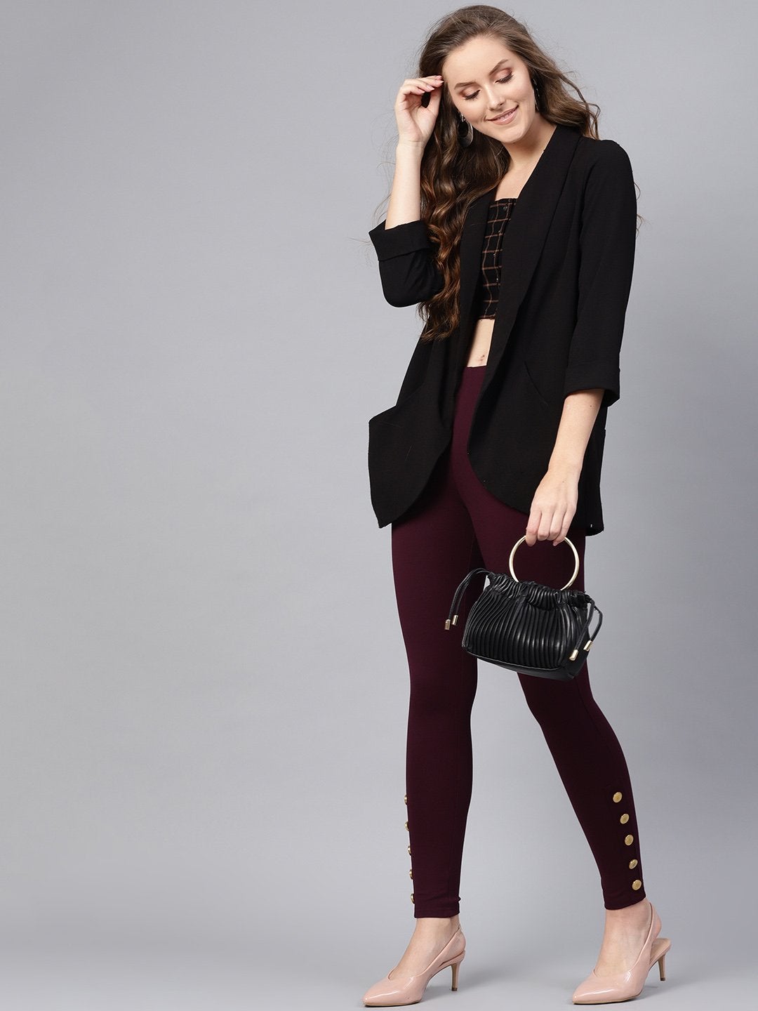 Women's Wine Knitted Button Detail Jeggings - SASSAFRAS