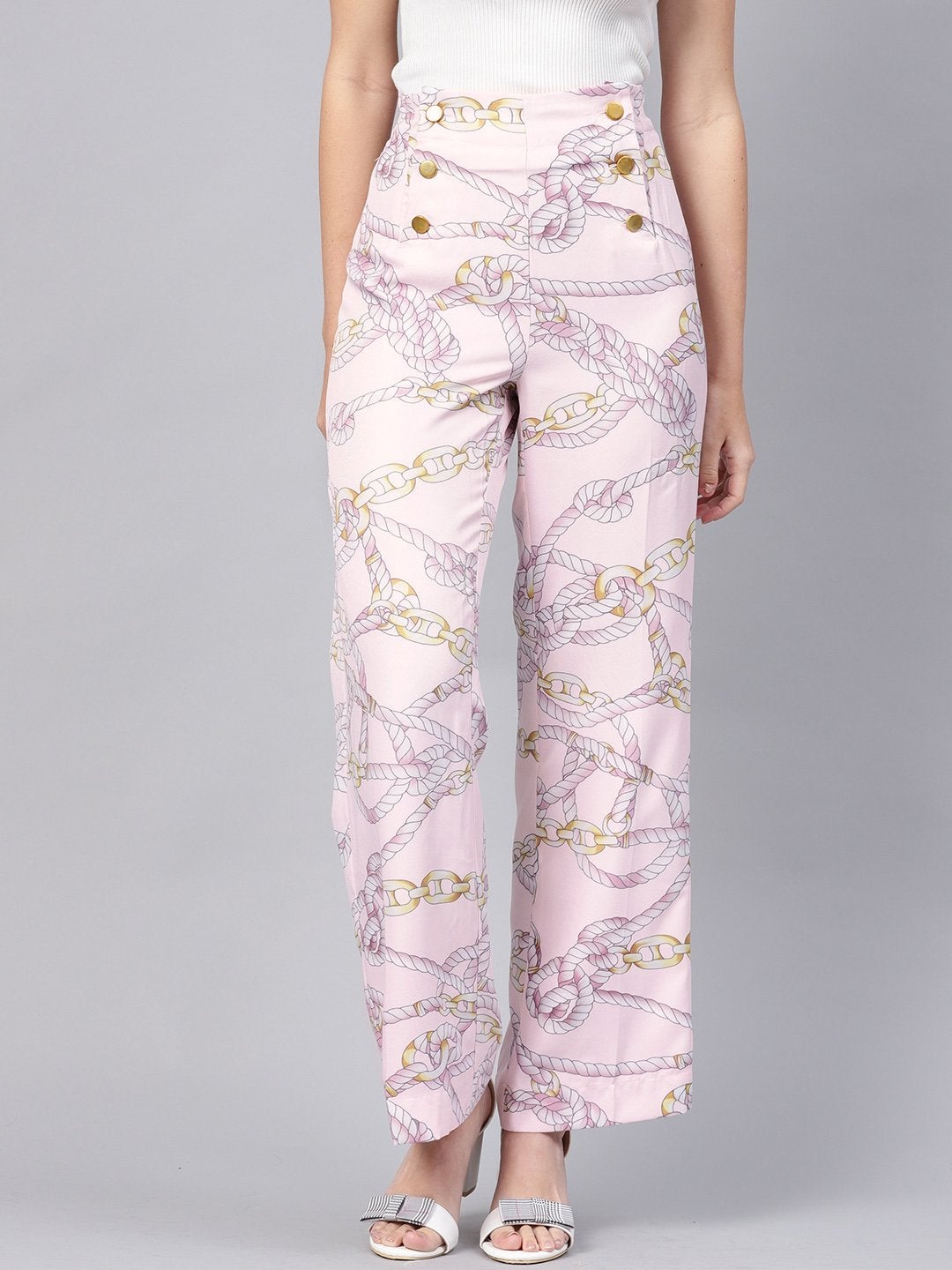 Women's Pink Chain Button Detail Pants - SASSAFRAS