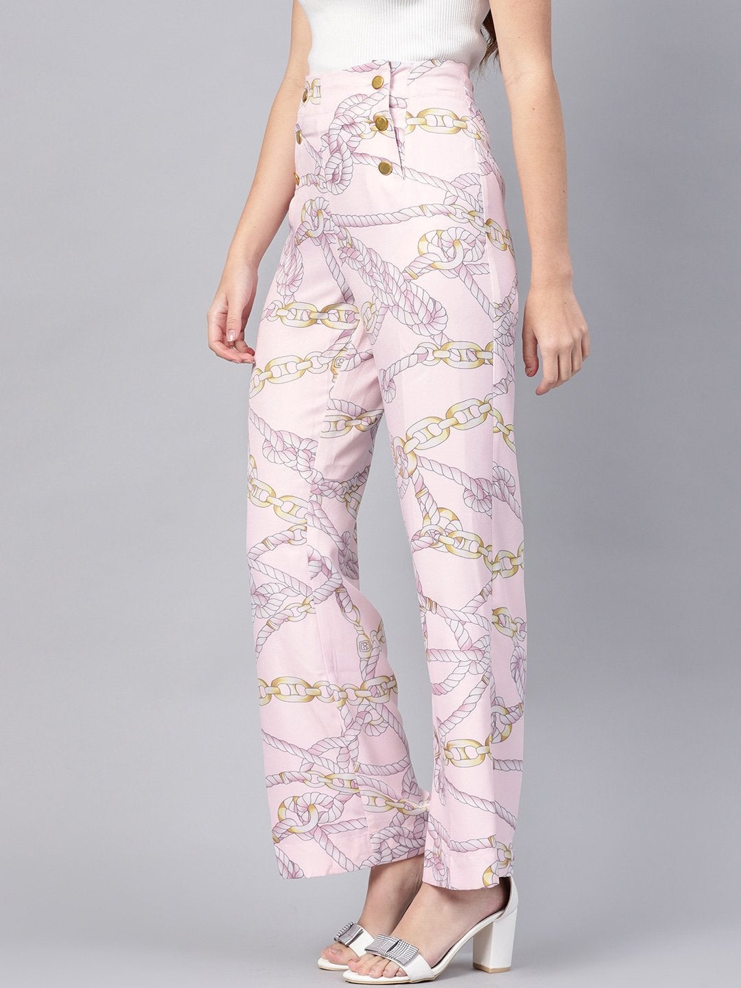 Women's Pink Chain Button Detail Pants - SASSAFRAS