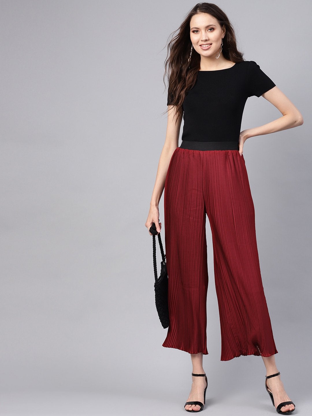 Women's Maroon Pleated Pants - SASSAFRAS