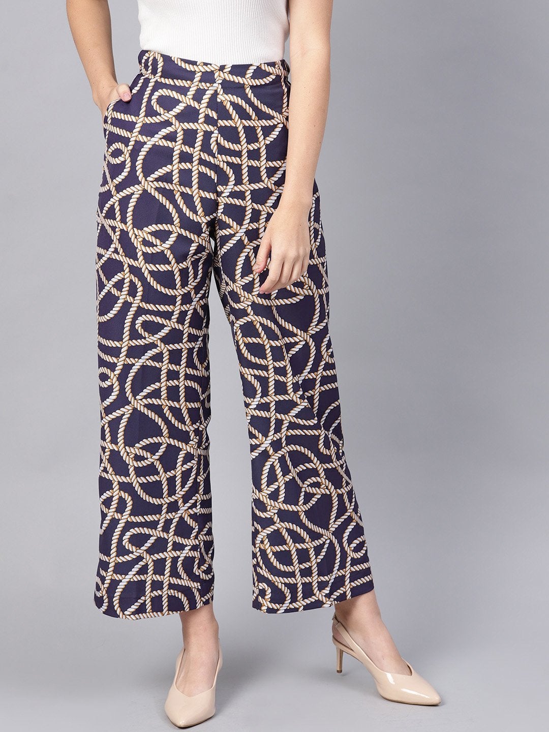 Women's Navy Linked Print Palazzos - SASSAFRAS