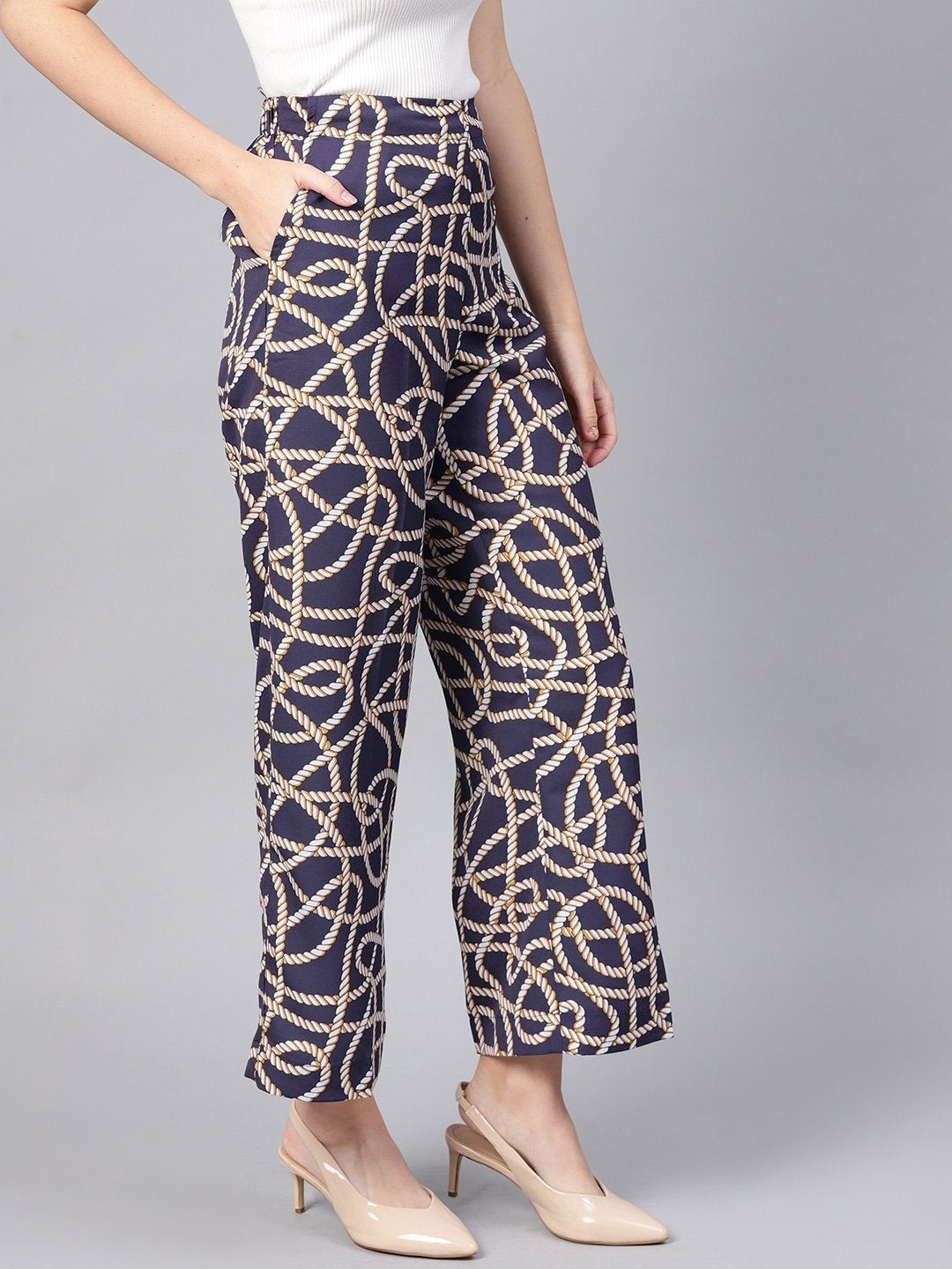 Women's Navy Linked Print Palazzos - SASSAFRAS