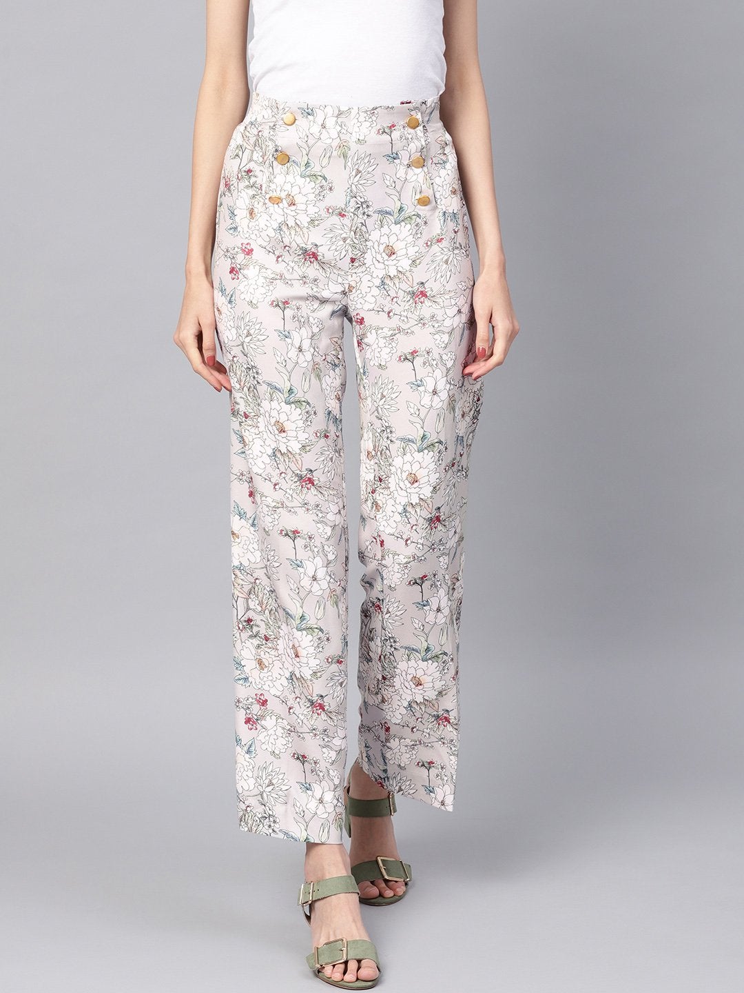 Women's Grey Floral Button Detail Pants - SASSAFRAS