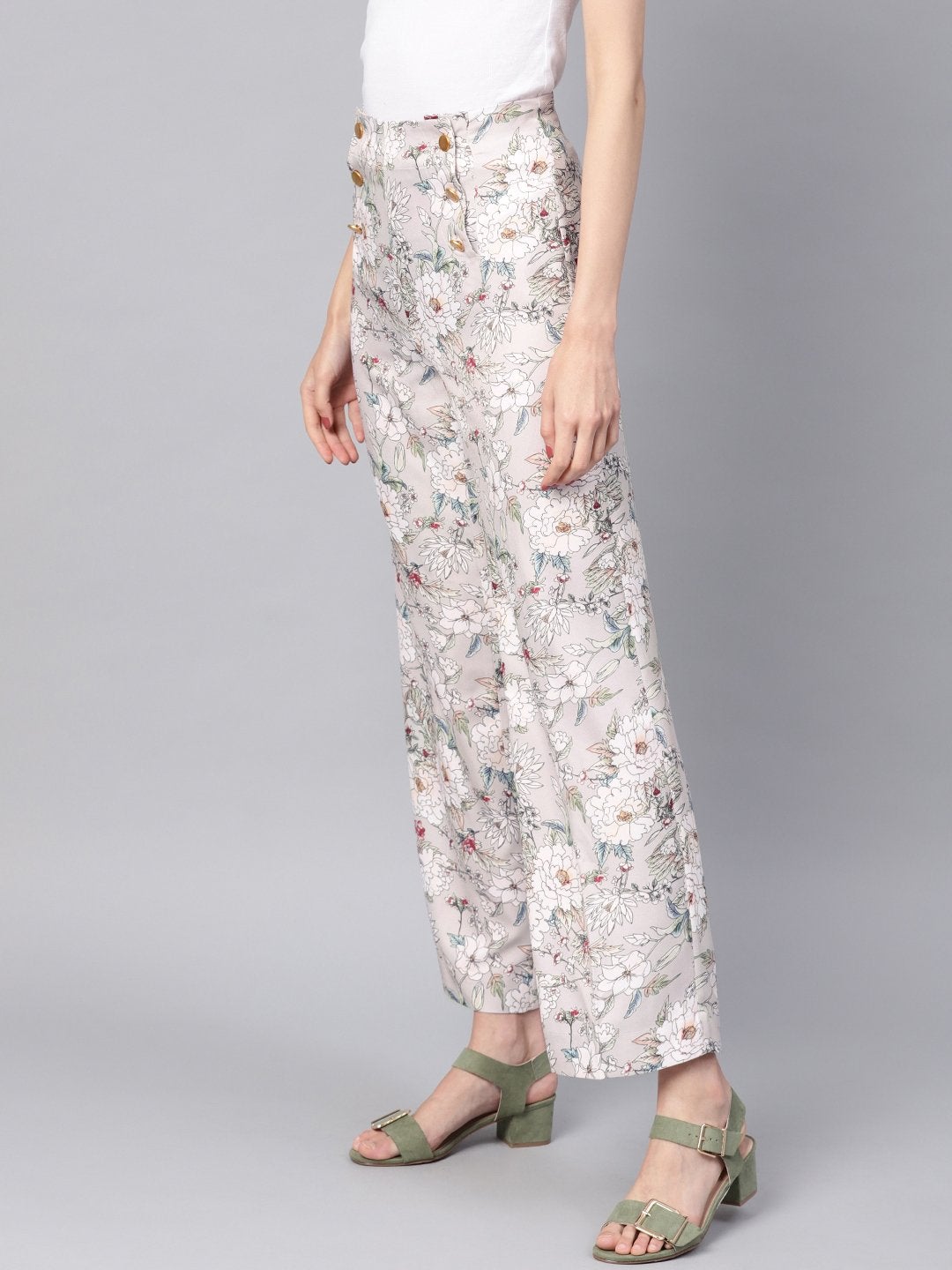 Women's Grey Floral Button Detail Pants - SASSAFRAS